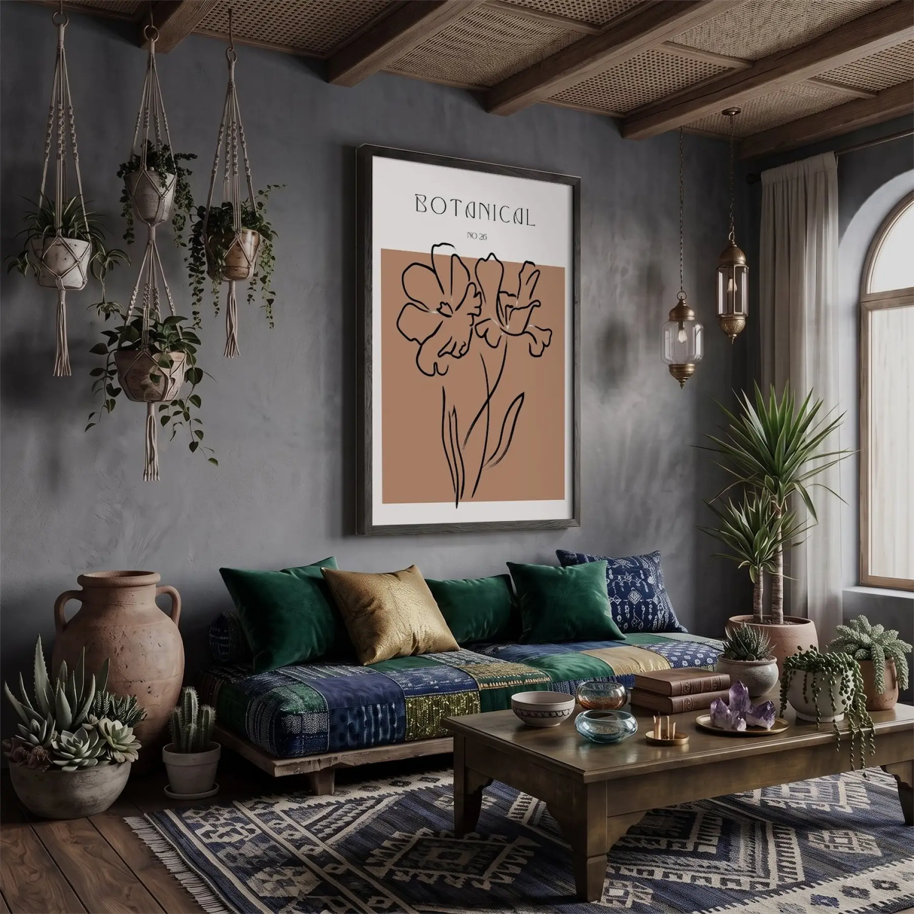 Minimalist Botanik Çizim Siyah Ahşap Çerçeveli Tablo Bohem Görünümlü Salon Oturma Odası Duvar