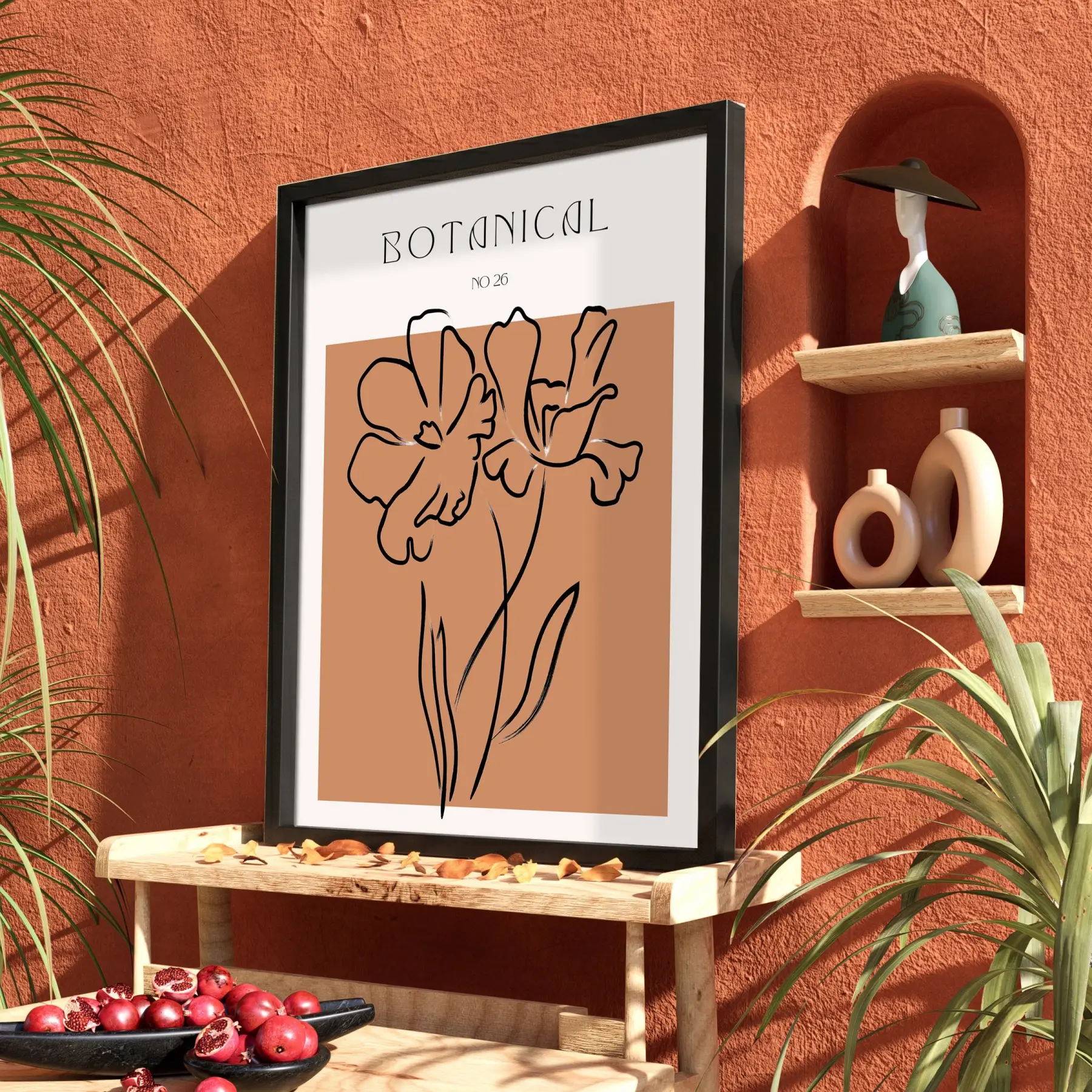 Minimalist Botanik Çizim Siyah Ahşap Çerçeveli Tablo Bohem Görünümlü Salon Oturma Odası Duvar