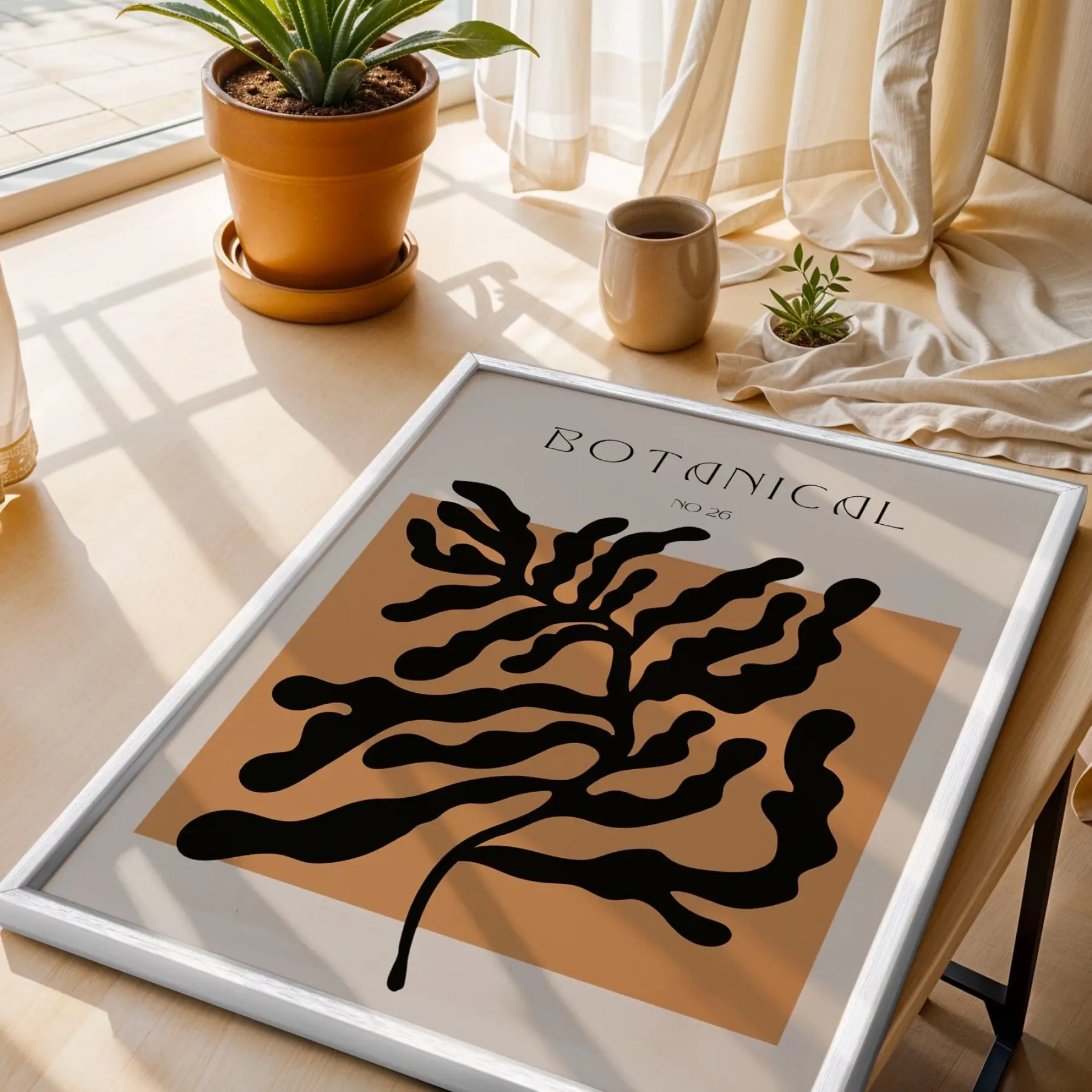 Akışkan Siyah Botanik Beyaz Ahşap Çerçeveli Tablo Bohem Görünümlü Salon Oturma Odası Duvar
