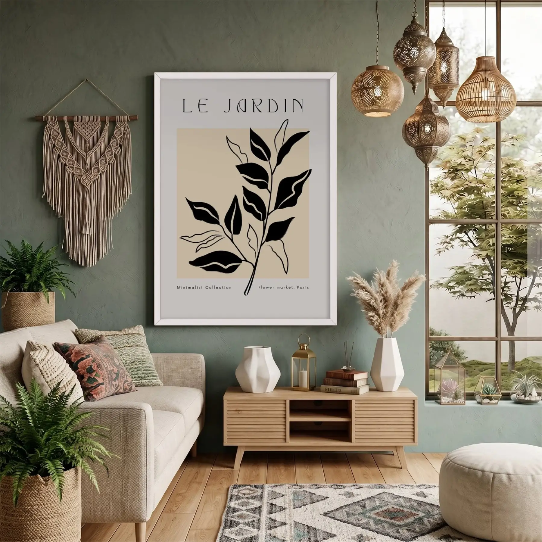 Minimalist Jardin Dalı Beyaz Ahşap Çerçeveli Tablo Dekoru Poster Obje Ev Aksesuarları Modern