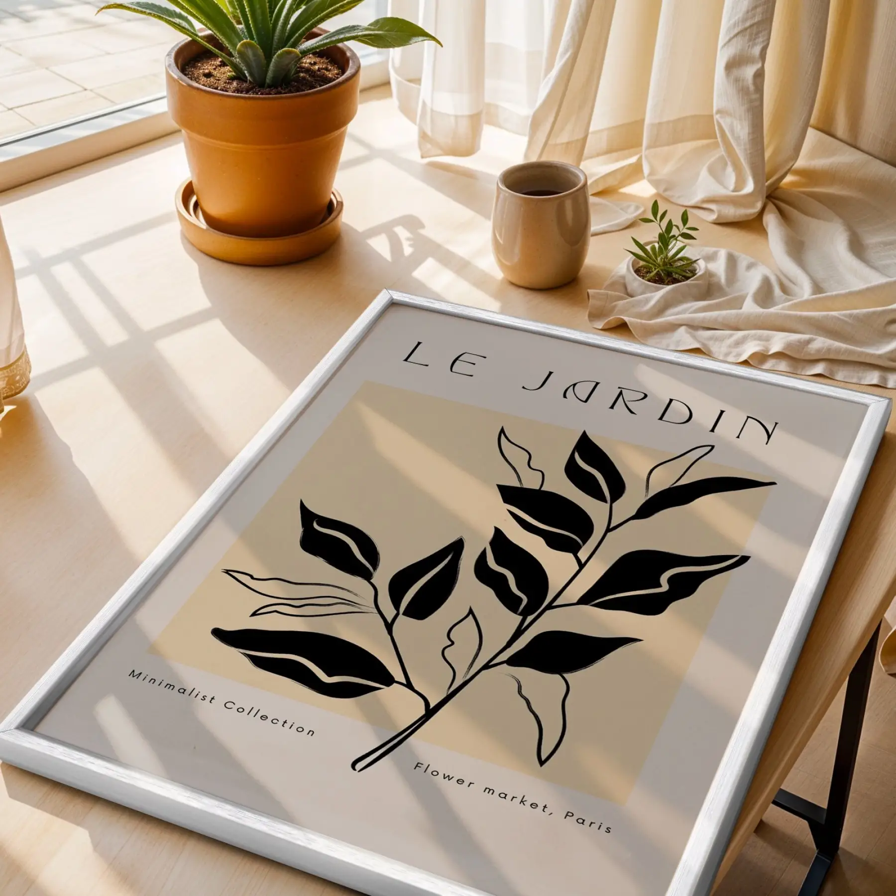Minimalist Jardin Dalı Beyaz Ahşap Çerçeveli Tablo Dekoru Poster Obje Ev Aksesuarları Modern