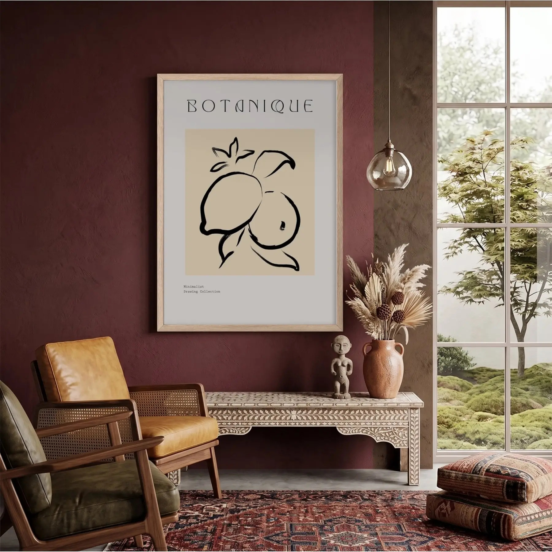 Minimalist Botanik Limon Doğal Ahşap Çerçeveli Tablo Bohem Görünümlü Salon Oturma Odası Duvar