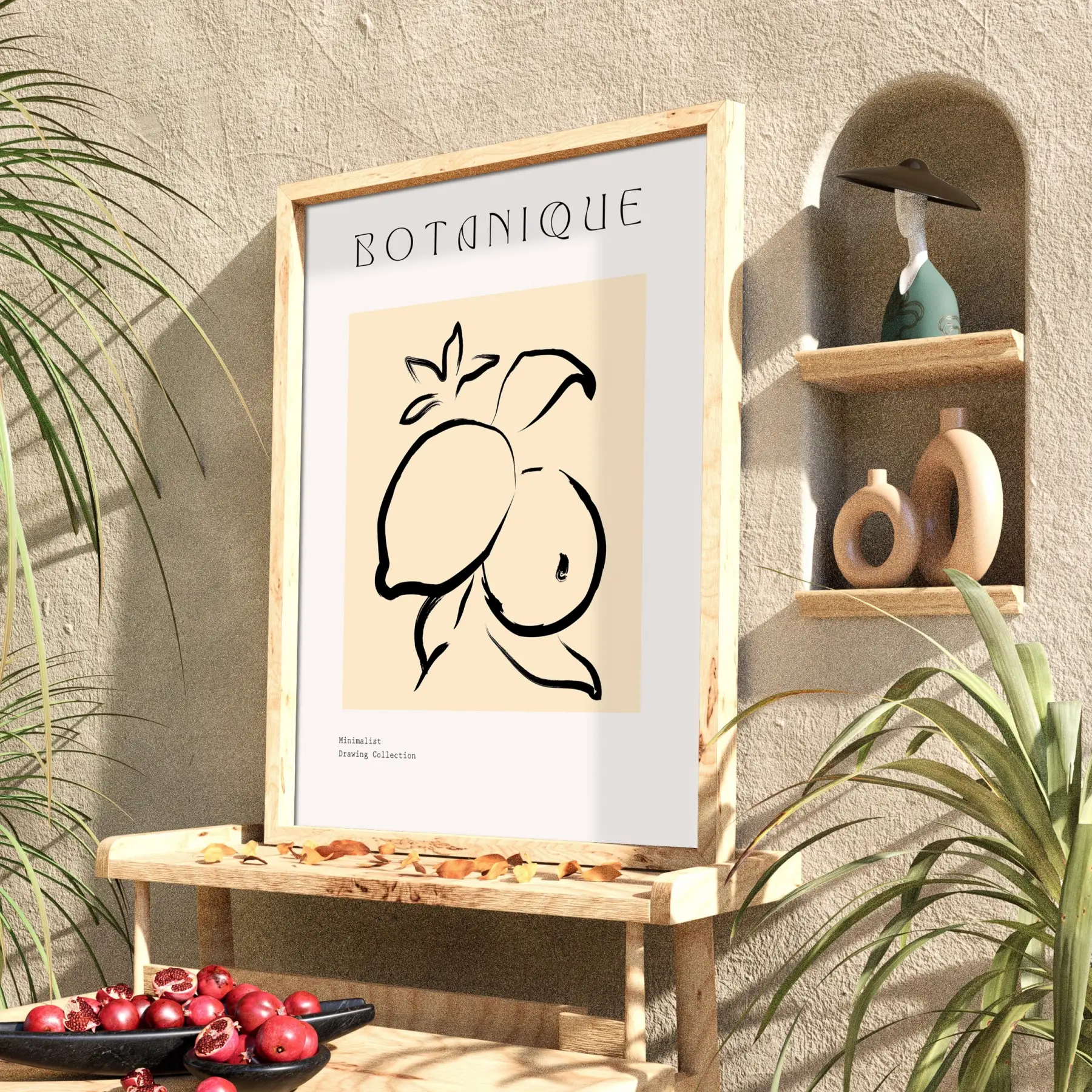 Minimalist Botanik Limon Doğal Ahşap Çerçeveli Tablo Bohem Görünümlü Salon Oturma Odası Duvar