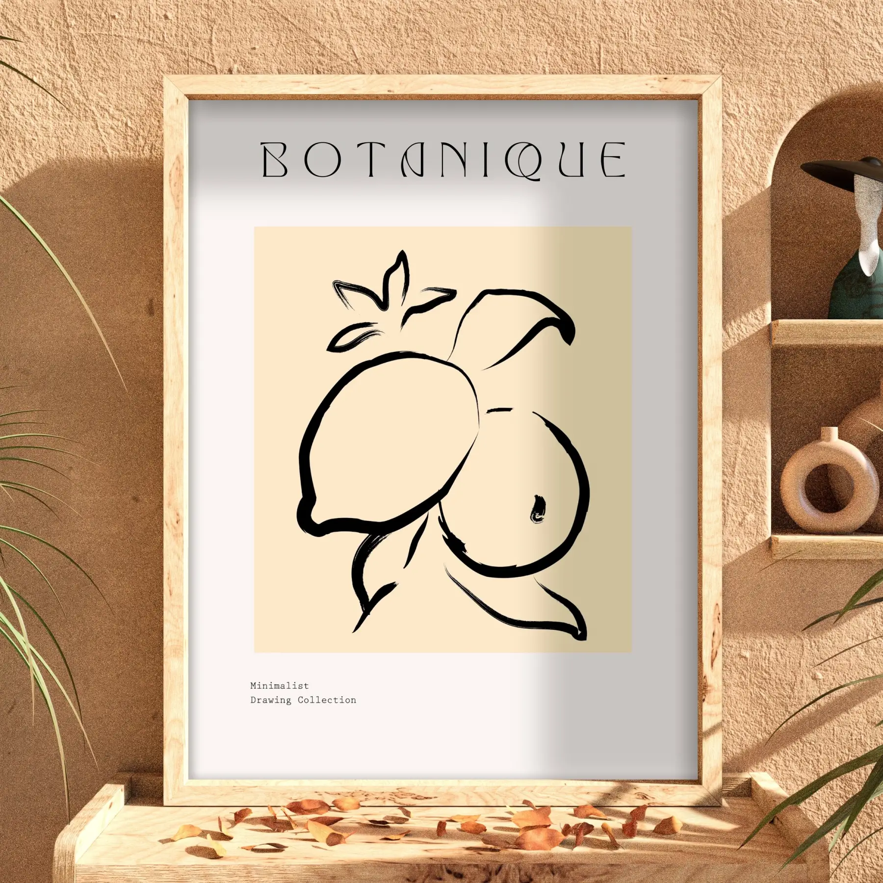 Minimalist Botanik Limon Doğal Ahşap Çerçeveli Tablo Bohem Görünümlü Salon Oturma Odası Duvar