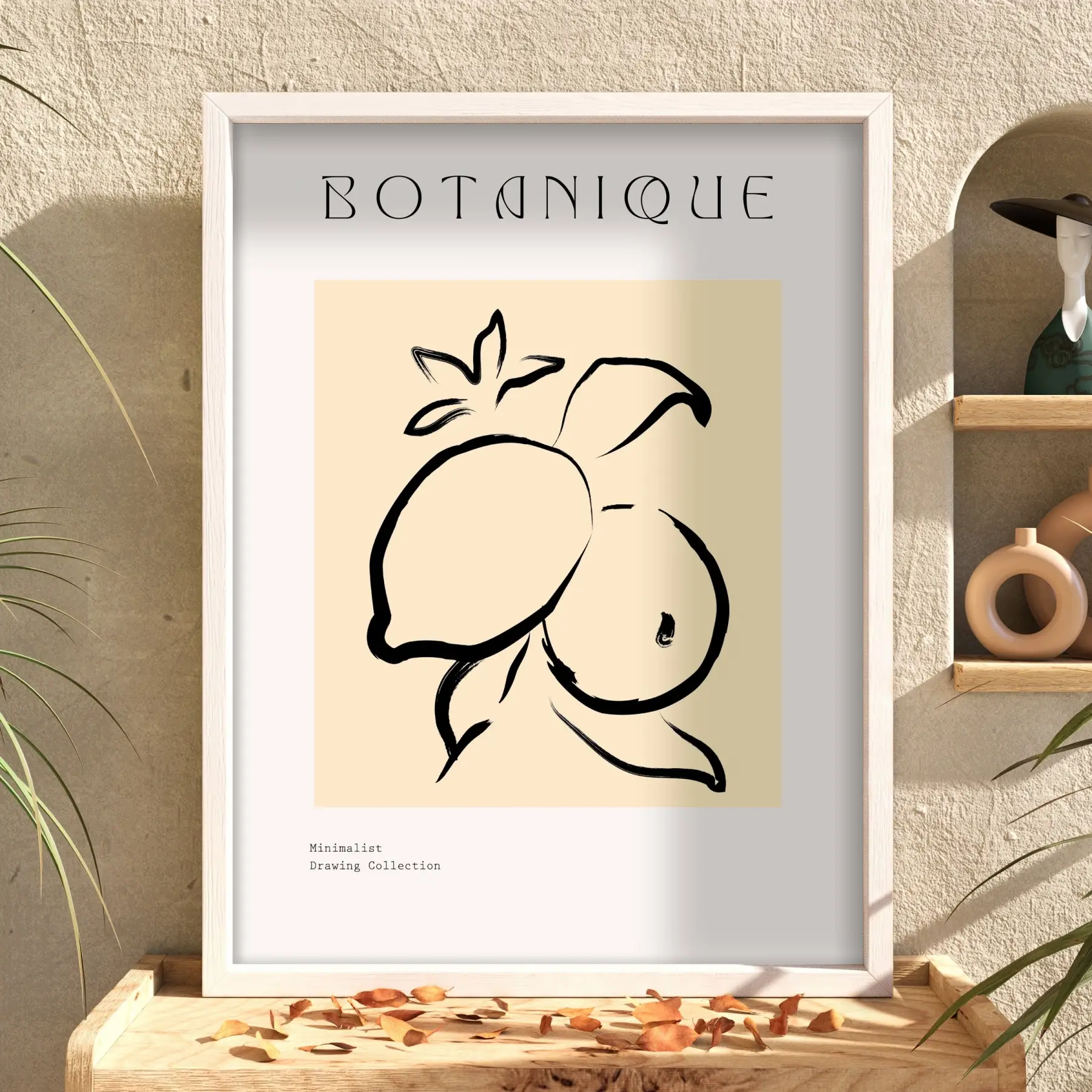 Minimalist Botanik Limon Beyaz Ahşap Çerçeveli Tablo Bohem Yatak Koridor Ofis Kanvas Görünümlü