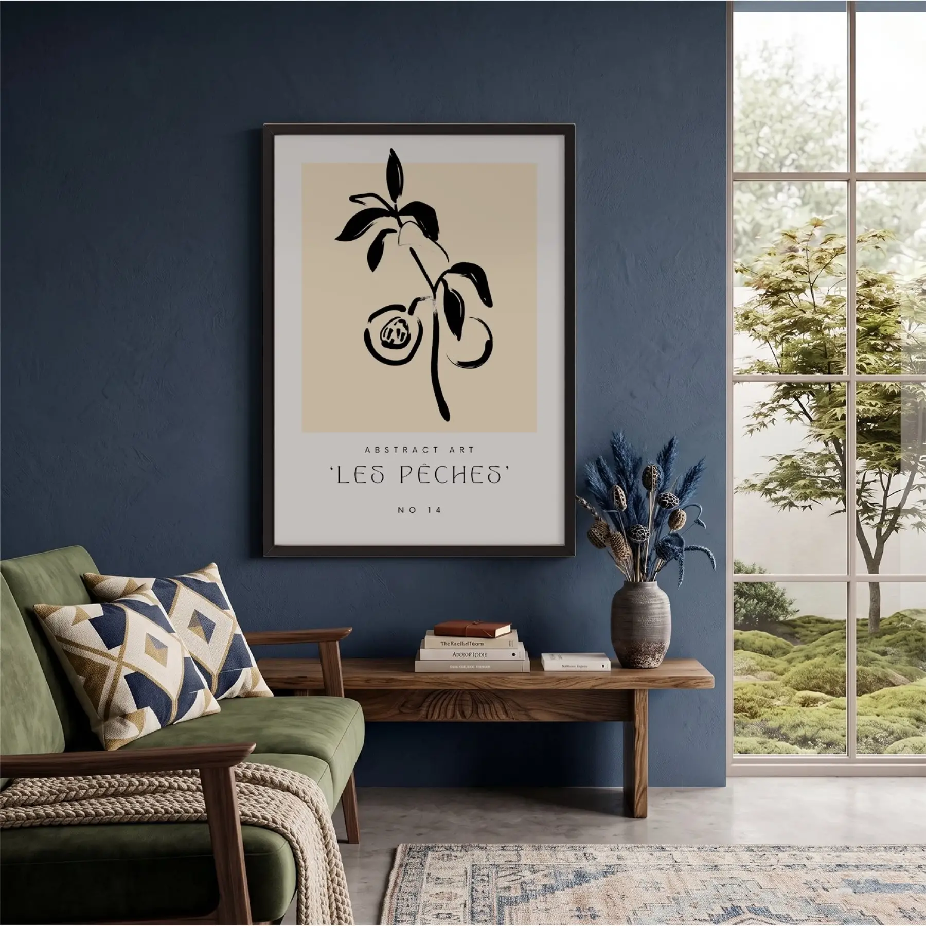 Soyut Şeftali Dalı Siyah Ahşap Çerçeveli Tablo Oturma Odası Duvar Dekoru Poster Obje