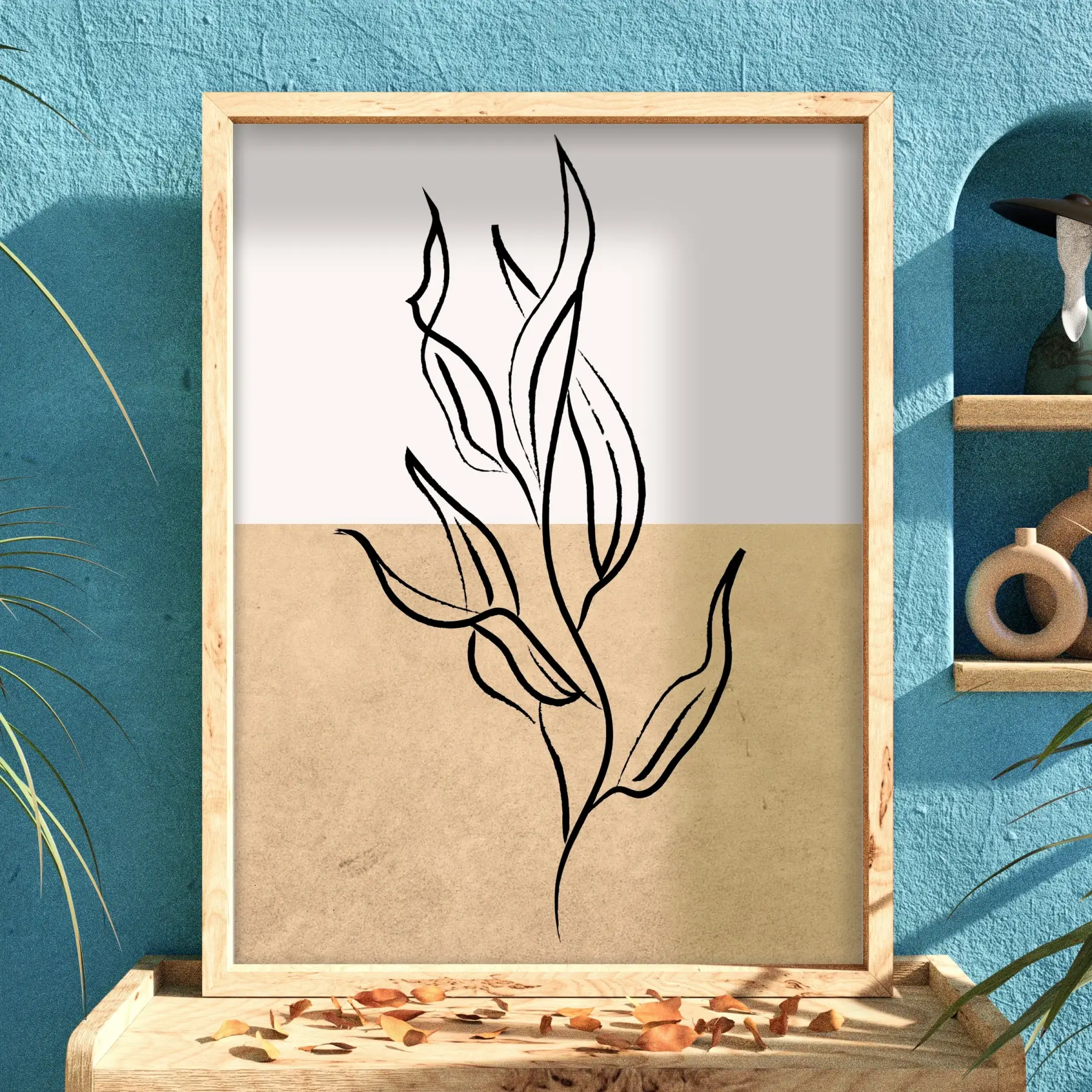 İki Tonlu Minimalist Yaprak Doğal Ahşap Çerçeveli Tablo Kanvas Görünümlü Salon Oturma Odası