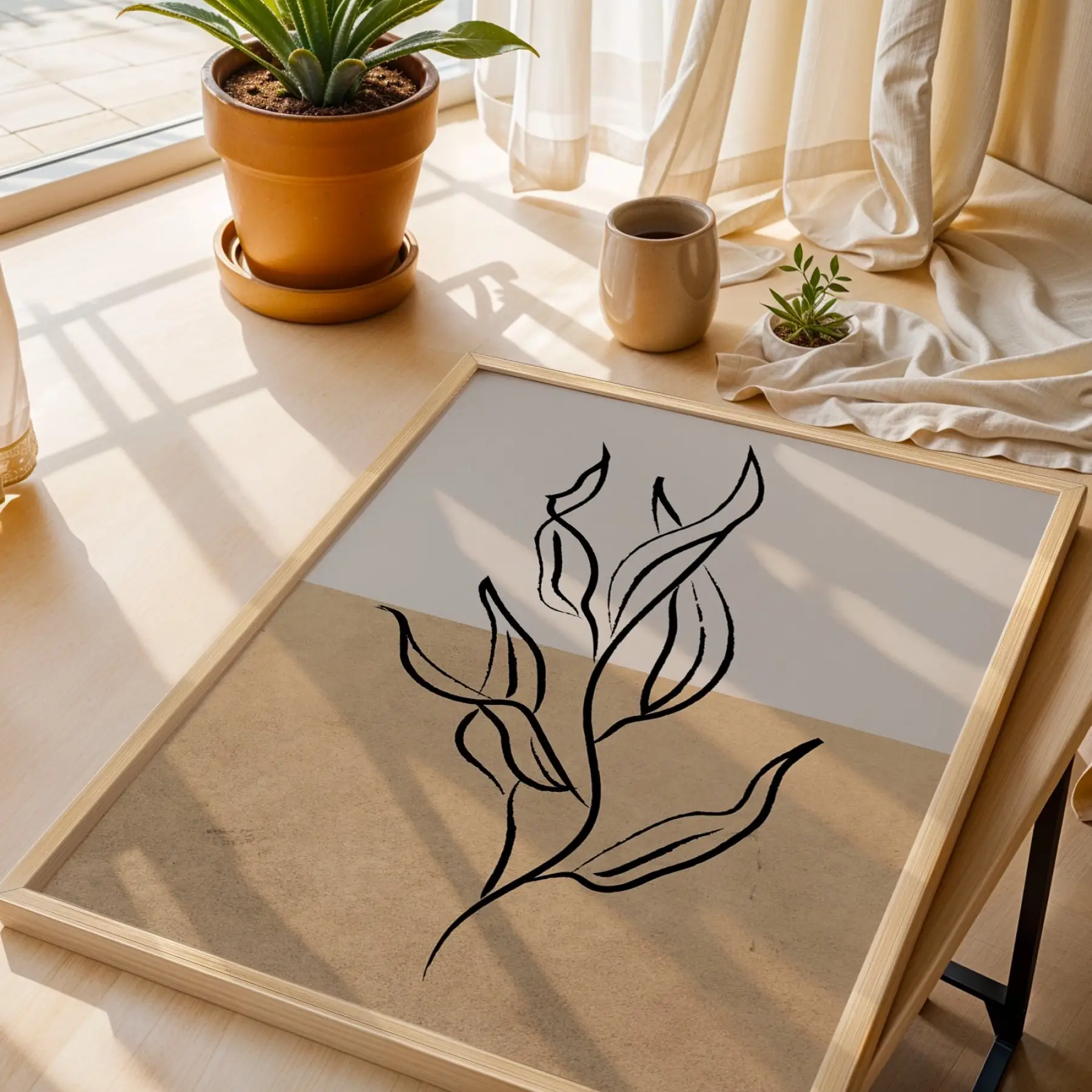 İki Tonlu Minimalist Yaprak Doğal Ahşap Çerçeveli Tablo Kanvas Görünümlü Salon Oturma Odası