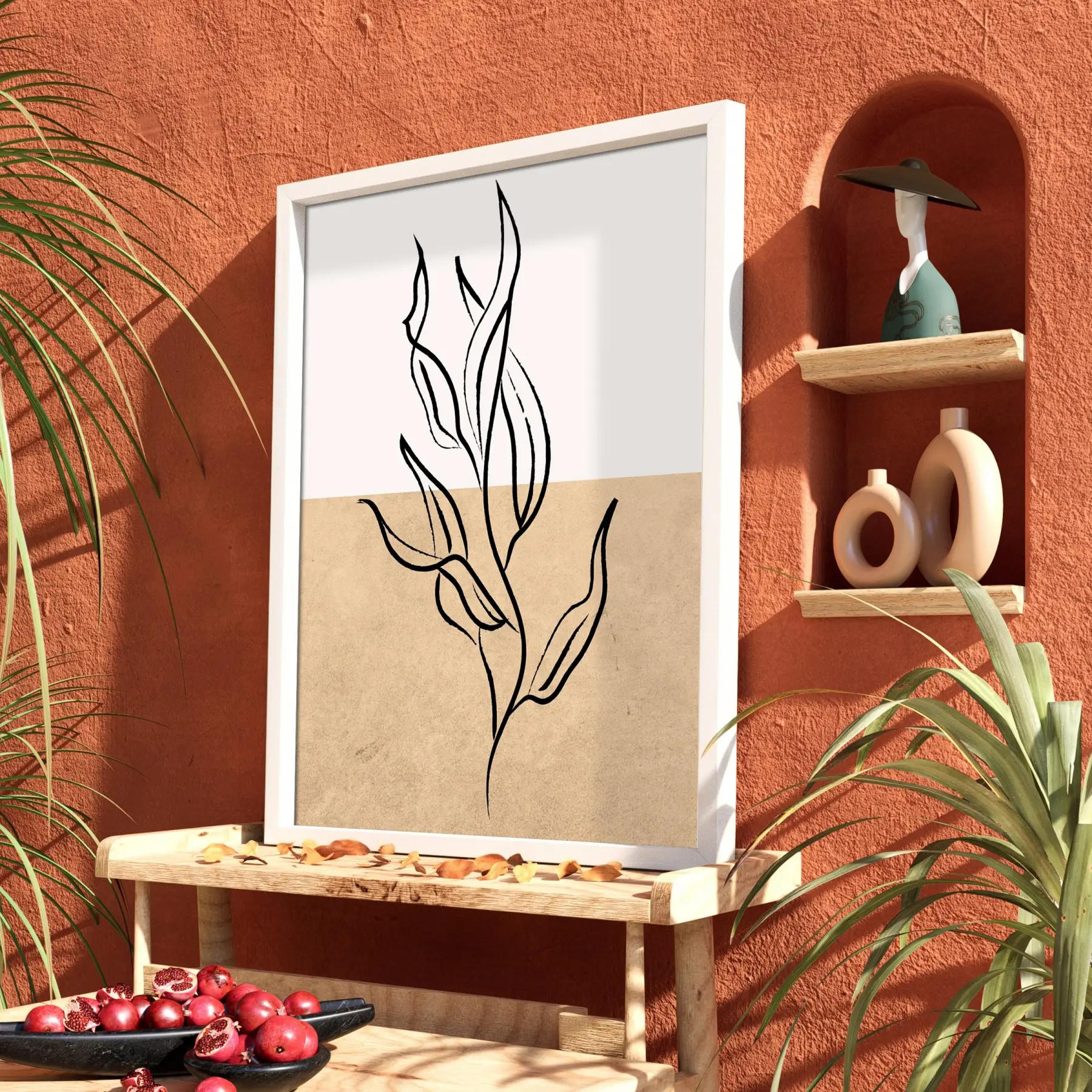 İki Tonlu Minimalist Yaprak Beyaz Ahşap Çerçeveli Tablo Dekoratif Obje Ev Aksesuarları Modern
