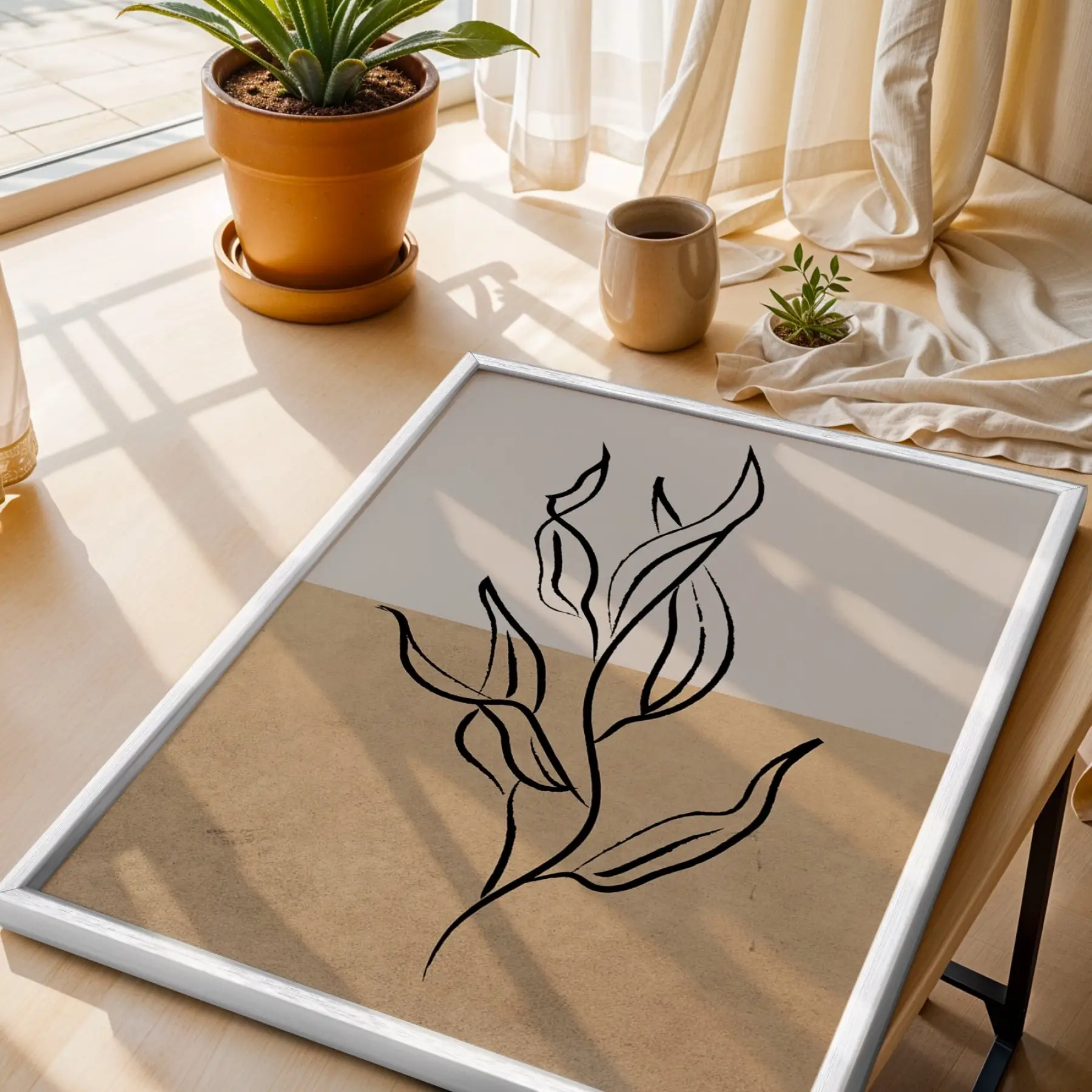 İki Tonlu Minimalist Yaprak Beyaz Ahşap Çerçeveli Tablo Dekoratif Obje Ev Aksesuarları Modern