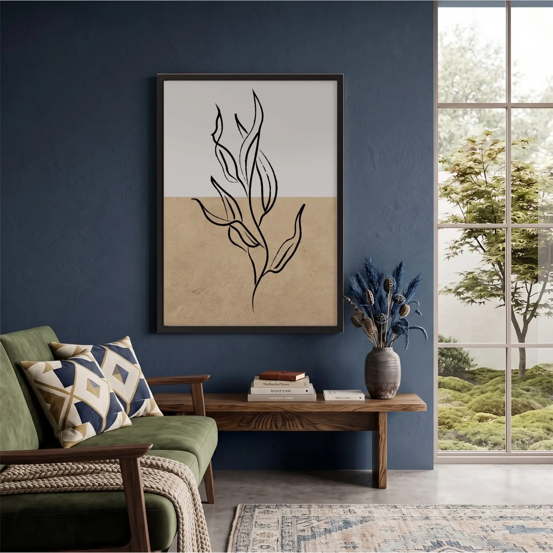 İki Tonlu Minimalist Yaprak Siyah Ahşap Çerçeveli Tablo Ev Aksesuarları Modern Sanat İç
