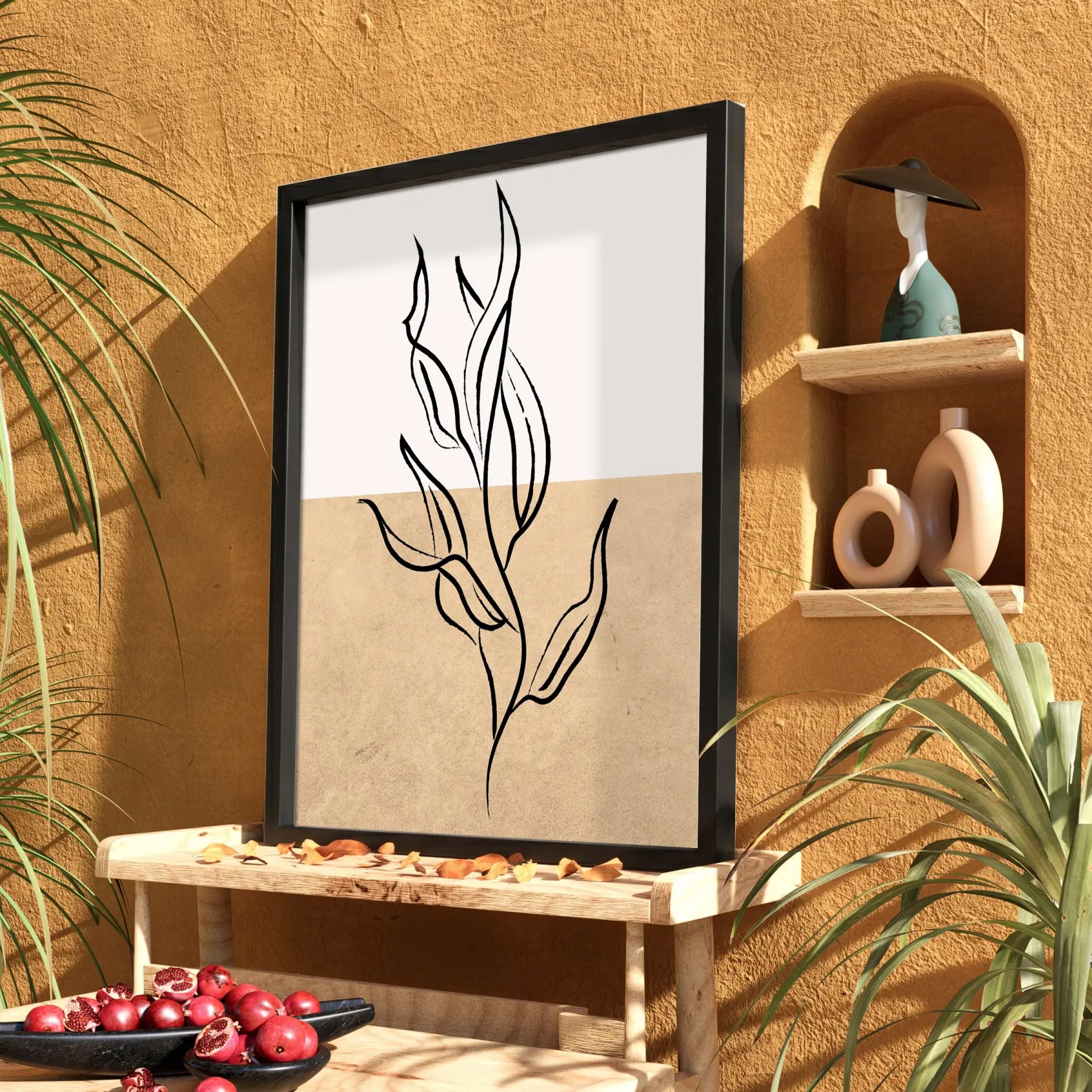 İki Tonlu Minimalist Yaprak Siyah Ahşap Çerçeveli Tablo Ev Aksesuarları Modern Sanat İç