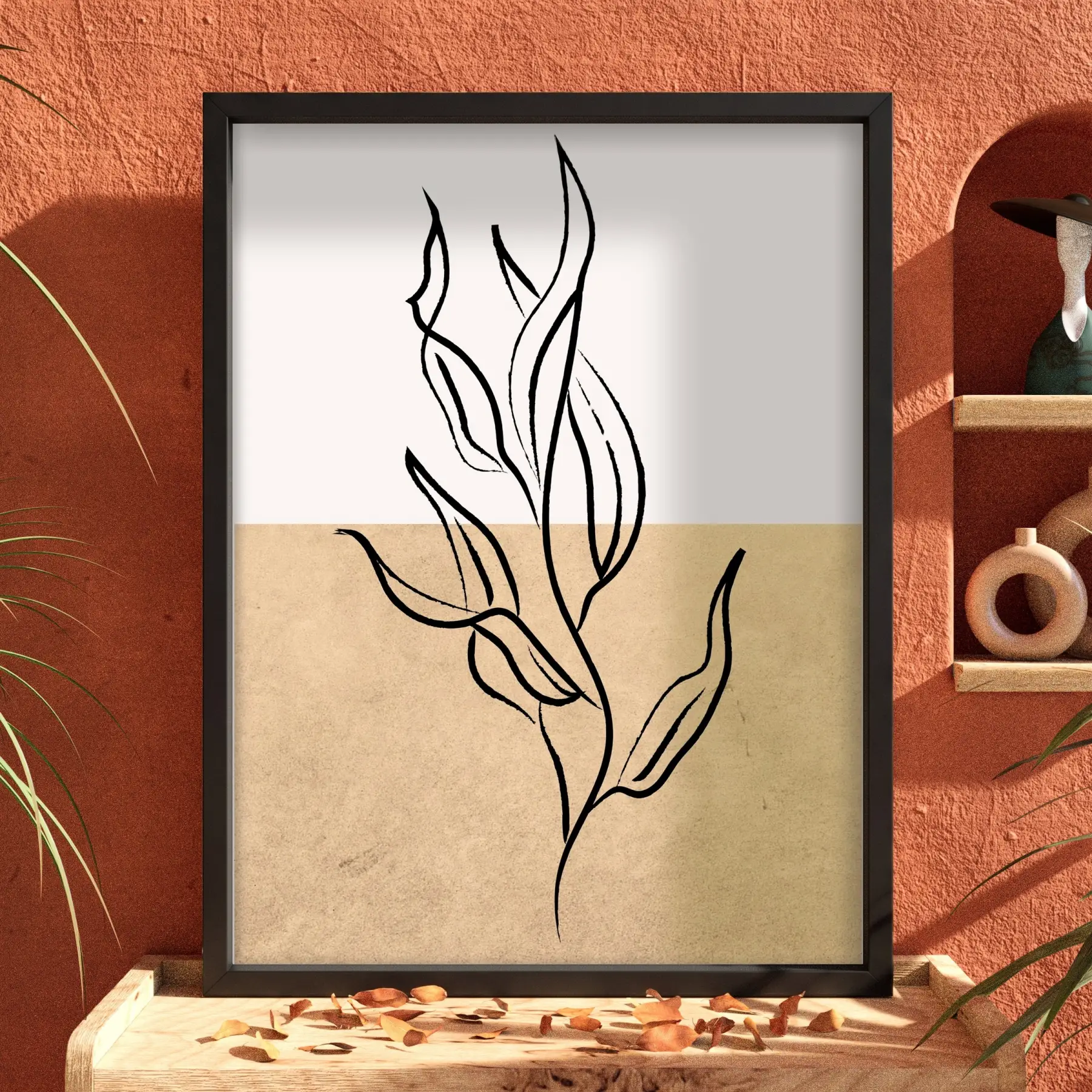 İki Tonlu Minimalist Yaprak Siyah Ahşap Çerçeveli Tablo Ev Aksesuarları Modern Sanat İç