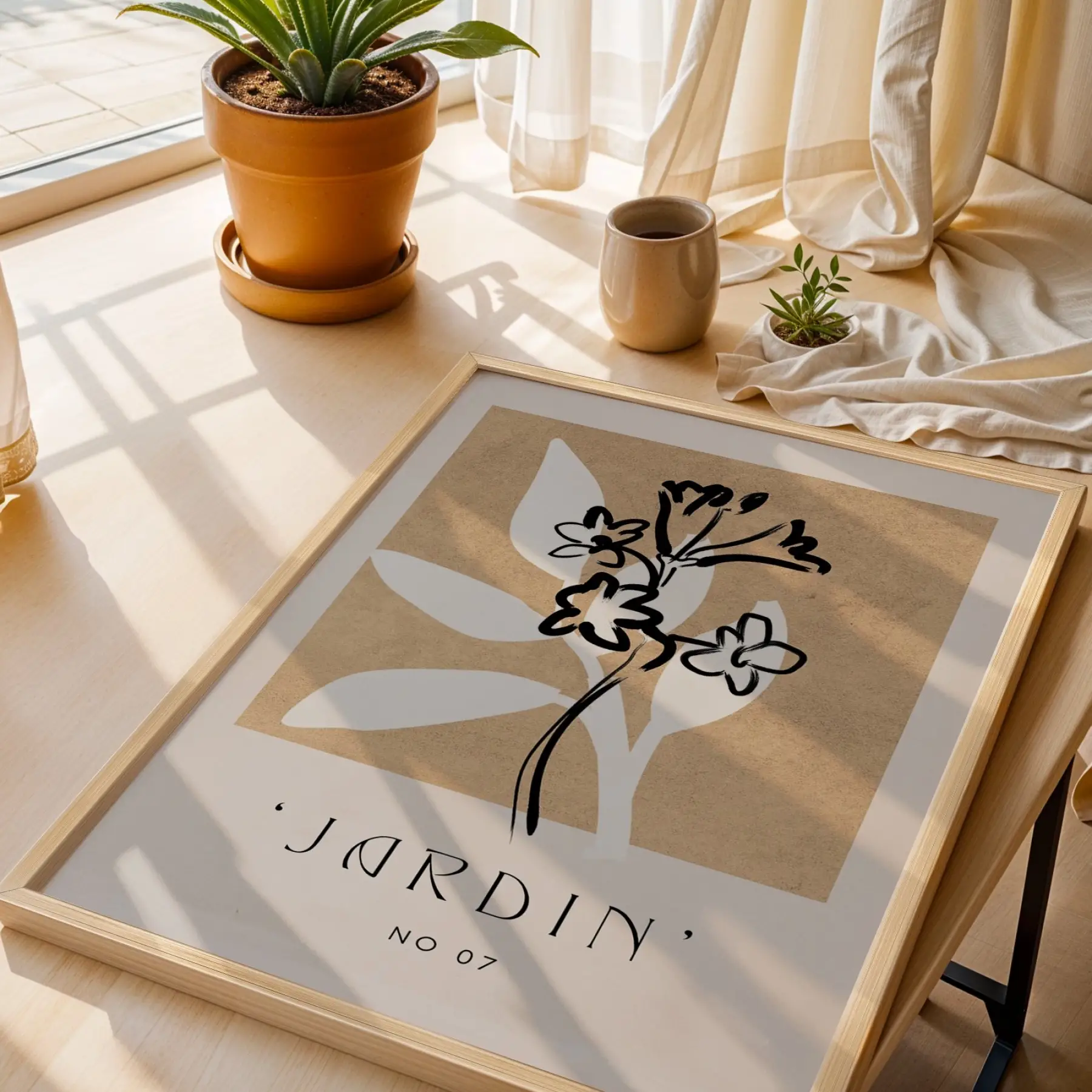 Toprak Tonlu Jardin Sanatı Doğal Ahşap Çerçeveli Tablo Ofis Kanvas Görünümlü Salon Oturma