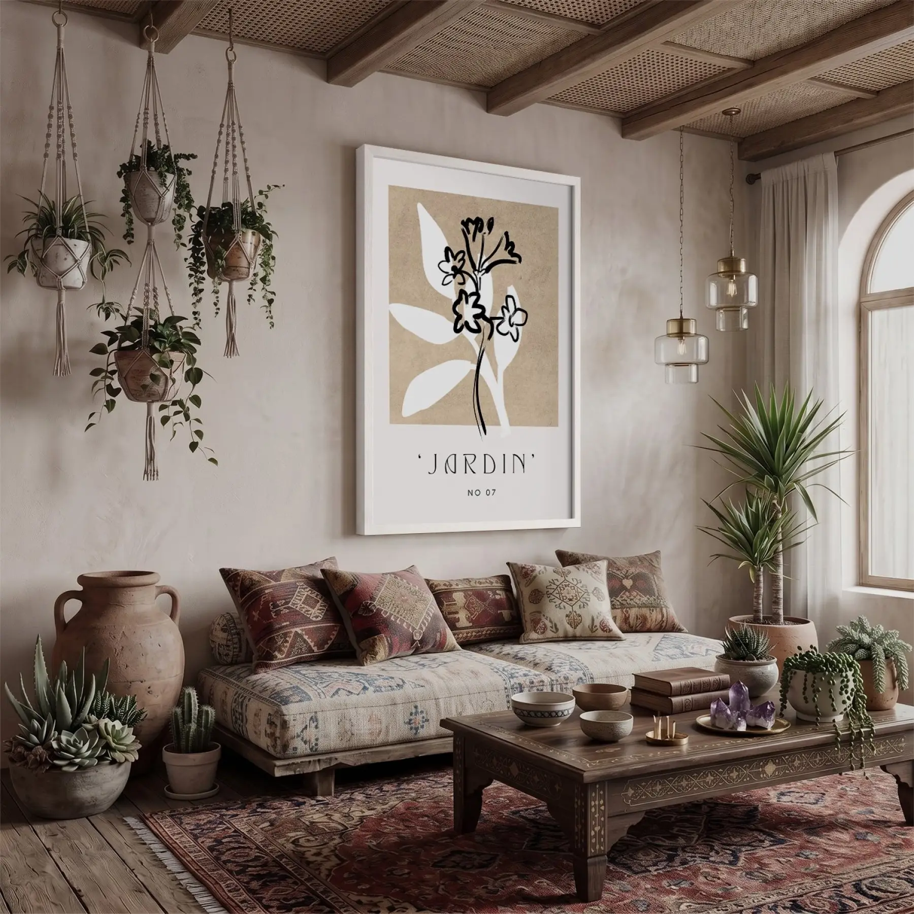 Toprak Tonlu Jardin Sanatı Beyaz Ahşap Çerçeveli Tablo Ofis Kanvas Görünümlü Salon Oturma