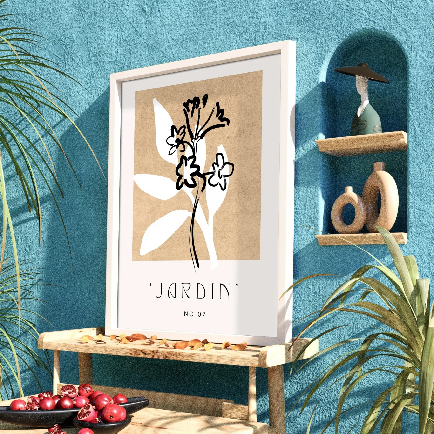 Toprak Tonlu Jardin Sanatı Beyaz Ahşap Çerçeveli Tablo Ofis Kanvas Görünümlü Salon Oturma