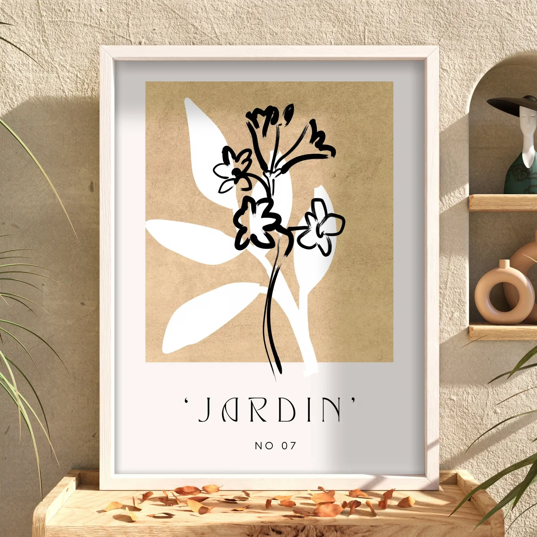 Toprak Tonlu Jardin Sanatı Beyaz Ahşap Çerçeveli Tablo Ofis Kanvas Görünümlü Salon Oturma