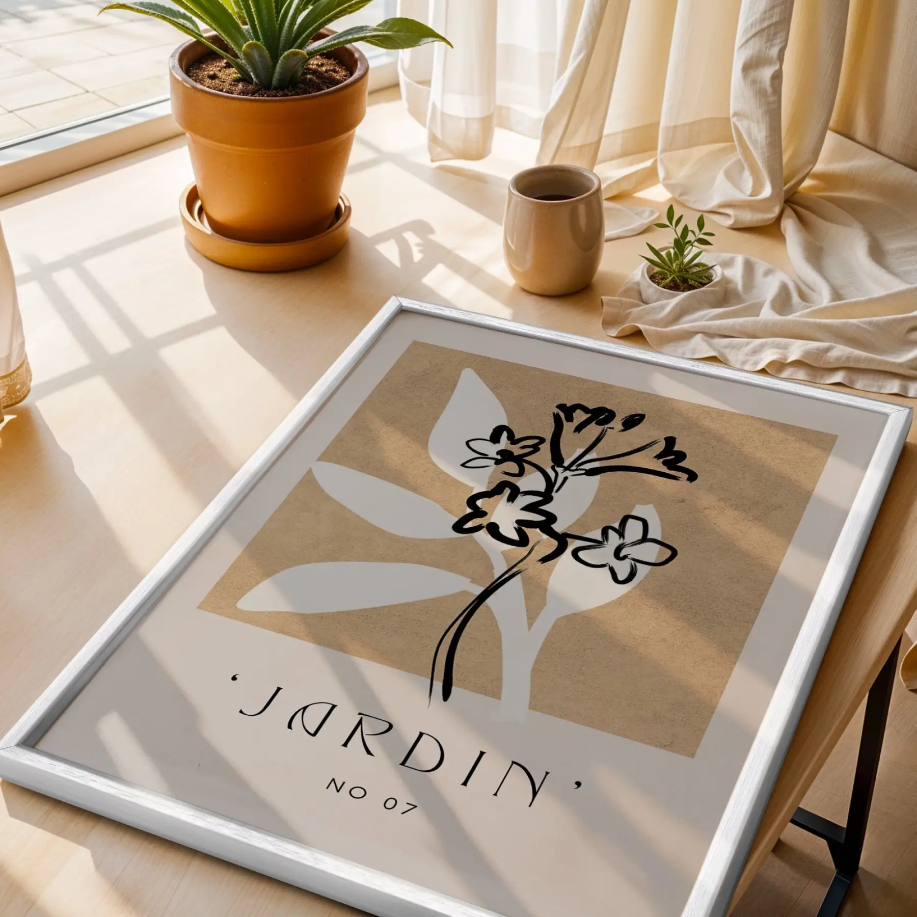 Toprak Tonlu Jardin Sanatı Beyaz Ahşap Çerçeveli Tablo Ofis Kanvas Görünümlü Salon Oturma