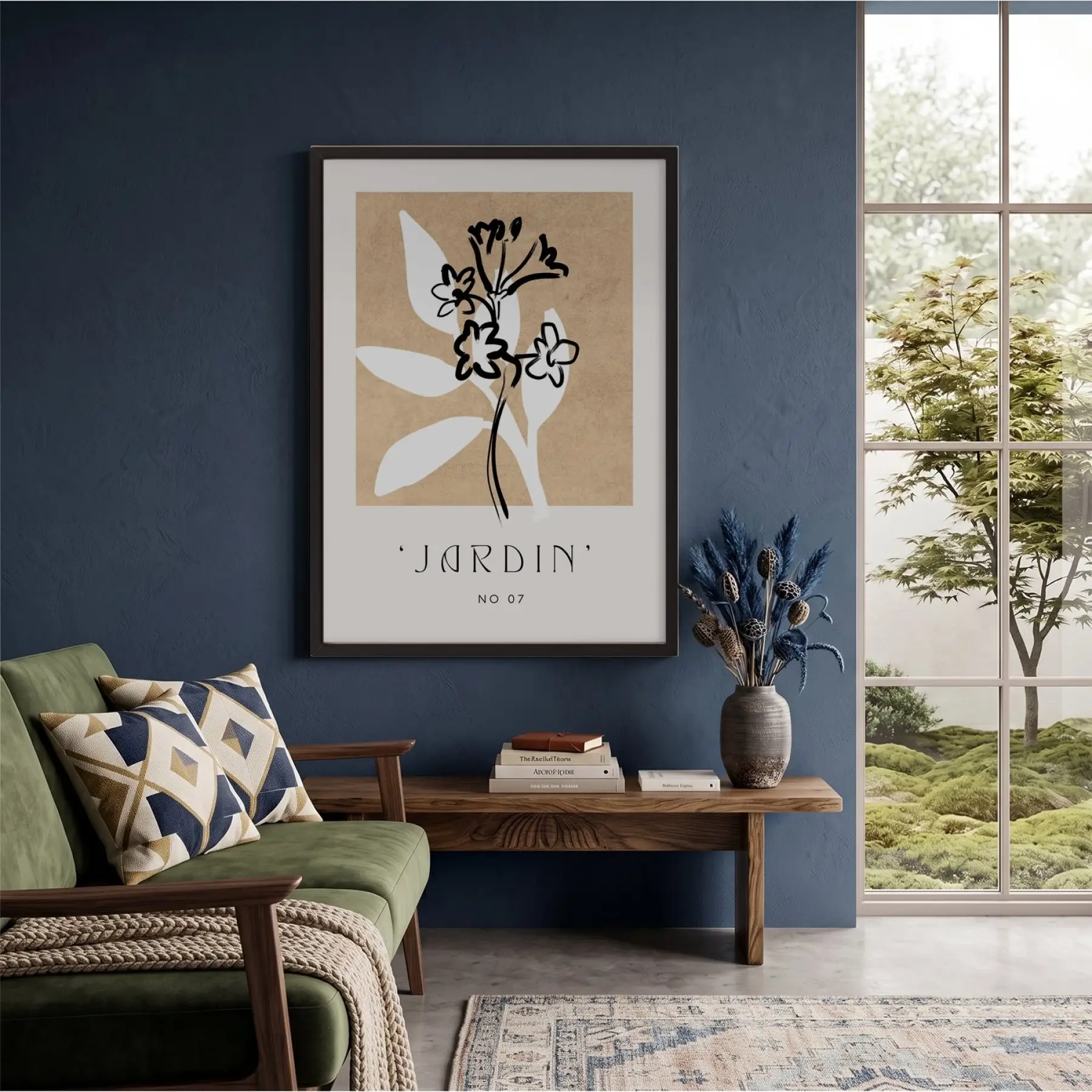 Toprak Tonlu Jardin Sanatı Siyah Ahşap Çerçeveli Tablo Ofis Kanvas Görünümlü Salon Oturma