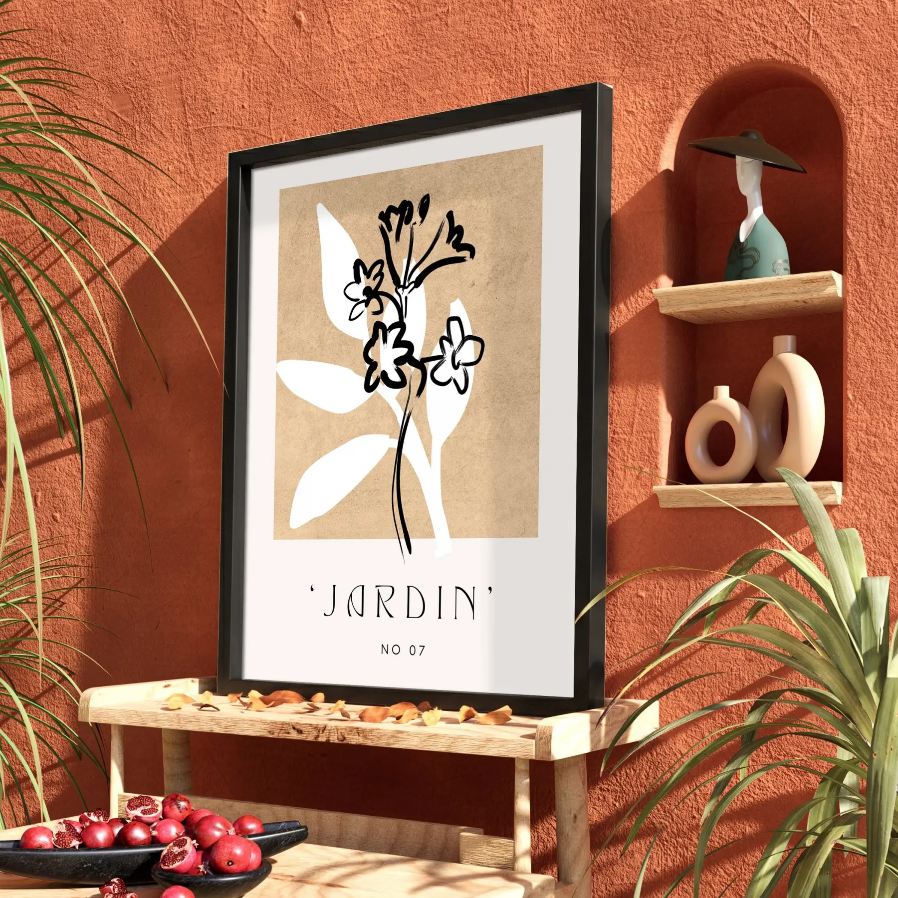 Toprak Tonlu Jardin Sanatı Siyah Ahşap Çerçeveli Tablo Ofis Kanvas Görünümlü Salon Oturma
