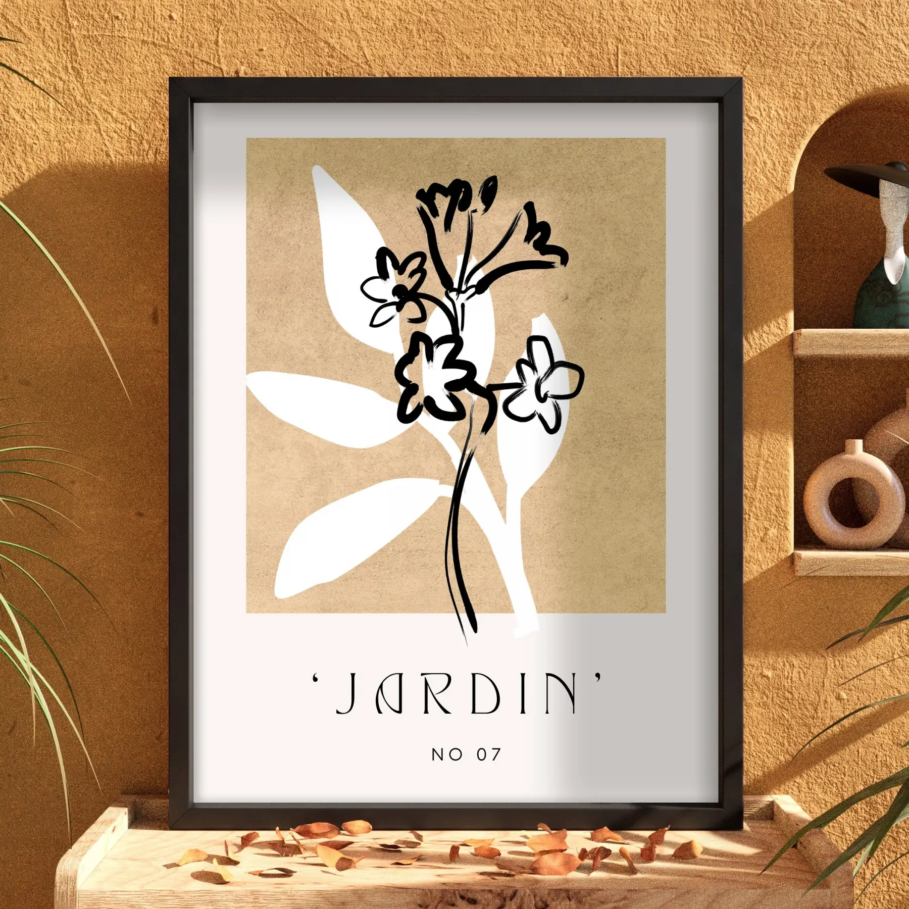 Toprak Tonlu Jardin Sanatı Siyah Ahşap Çerçeveli Tablo Ofis Kanvas Görünümlü Salon Oturma