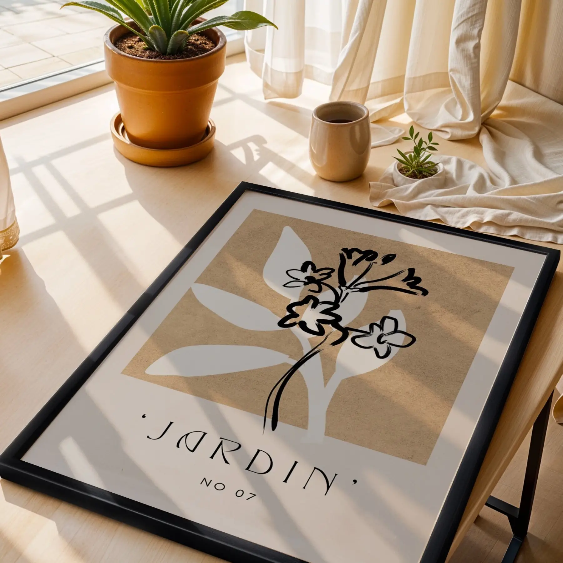 Toprak Tonlu Jardin Sanatı Siyah Ahşap Çerçeveli Tablo Ofis Kanvas Görünümlü Salon Oturma