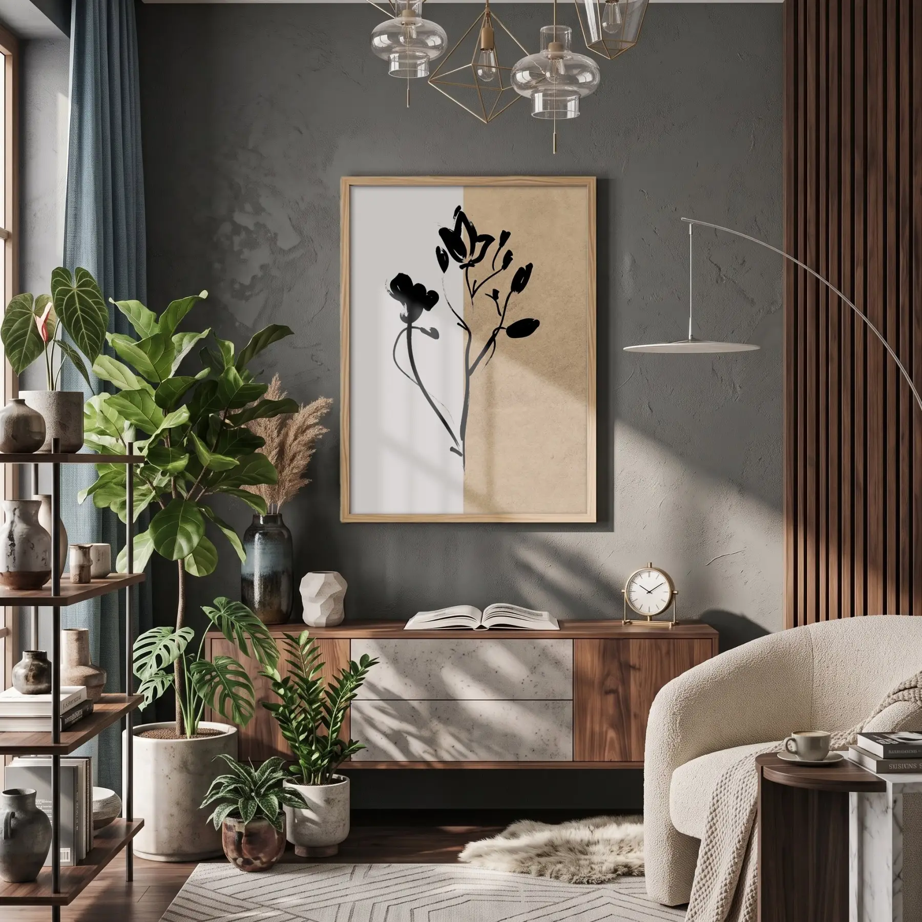 Bölmeli Botanik Çizgiler Doğal Ahşap Çerçeveli Tablo Bohem Salon Oturma Odası Duvar Dekoru