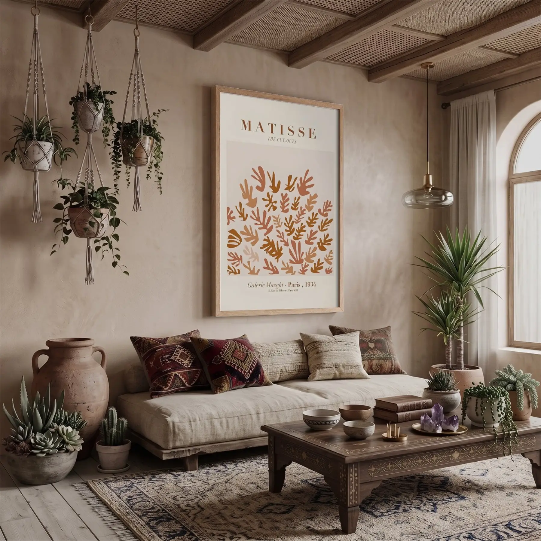 Toprak Tonları Soyut Formlar Doğal Ahşap Çerçeveli Tablo Oturma Odası Duvar Dekoru Poster