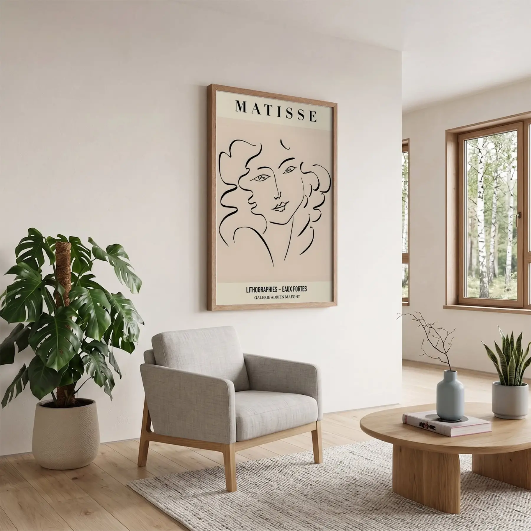 Matisse Soyut Yüzler Çizim Doğal Ahşap Çerçeveli Tablo Koridor Ofis Kanvas Görünümlü Salon