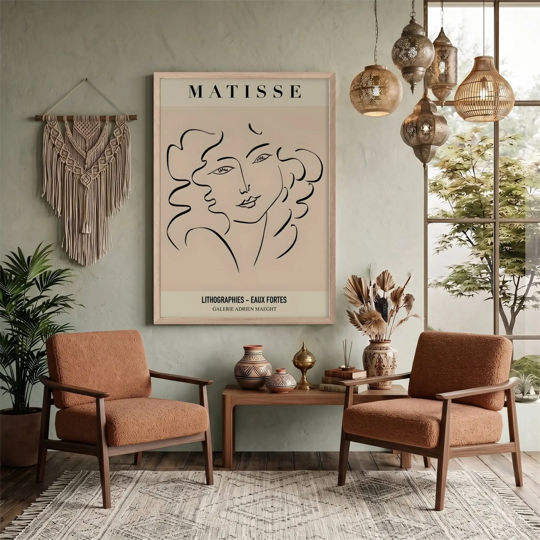 Matisse Soyut Yüzler Çizim Doğal Ahşap Çerçeveli Tablo Koridor Ofis Kanvas Görünümlü Salon