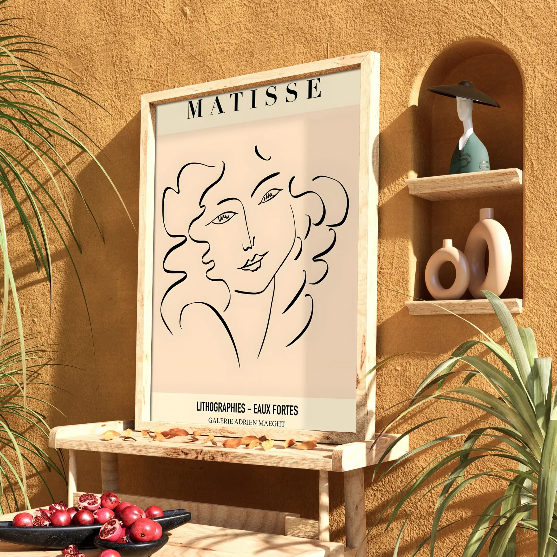 Matisse Soyut Yüzler Çizim Doğal Ahşap Çerçeveli Tablo Koridor Ofis Kanvas Görünümlü Salon