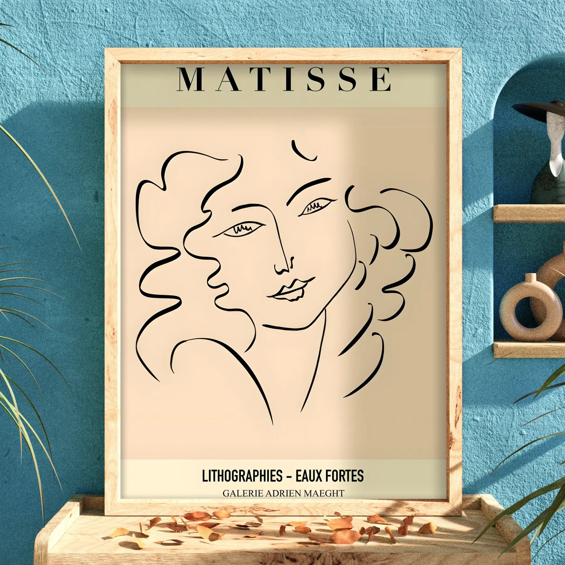 Matisse Soyut Yüzler Çizim Doğal Ahşap Çerçeveli Tablo Koridor Ofis Kanvas Görünümlü Salon