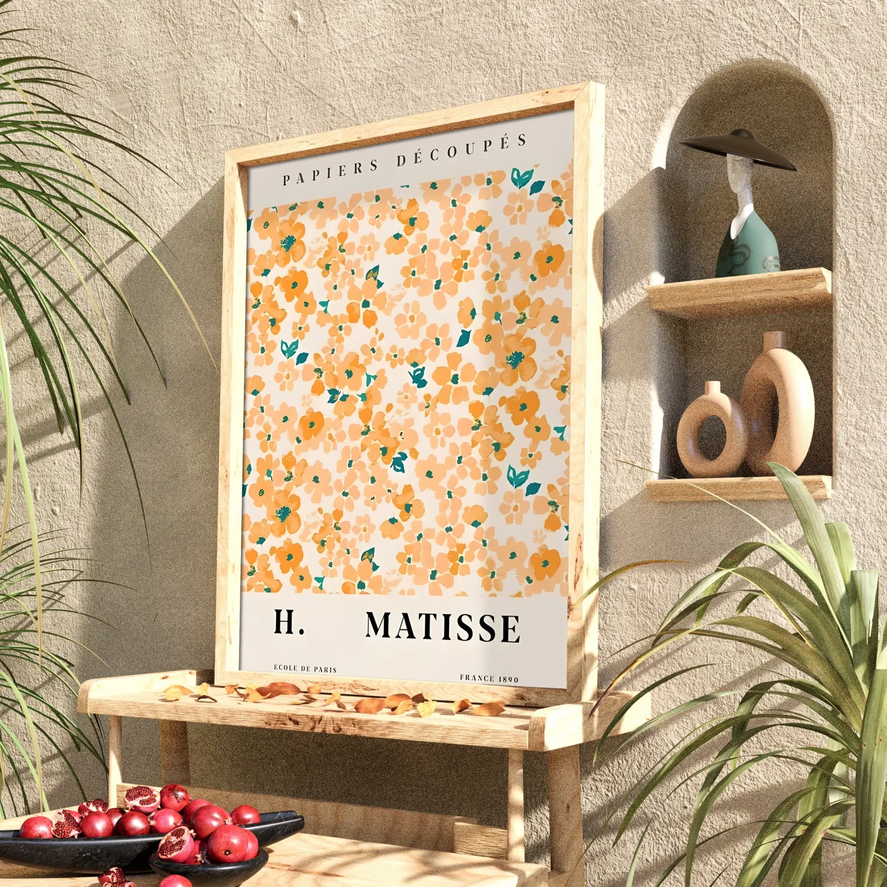 Matisse Turuncu Çiçek Düzeni Doğal Ahşap Çerçeveli Tablo Bohem Obje Ev Aksesuarları Modern