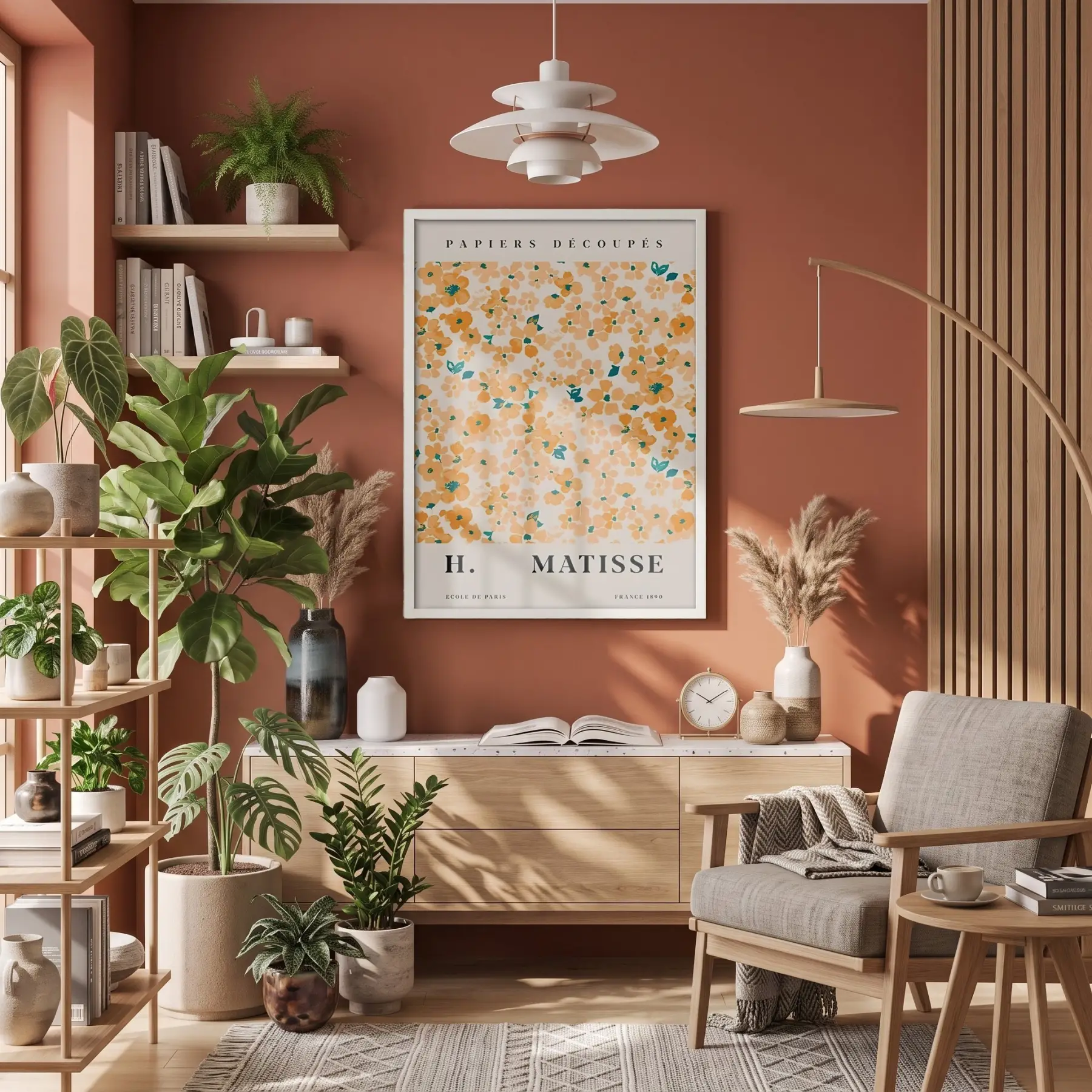 Matisse Turuncu Çiçek Düzeni Beyaz Ahşap Çerçeveli Tablo Bohem Odası Duvar Dekoru Poster