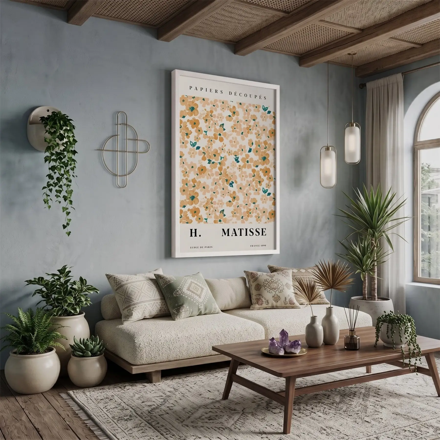 Matisse Turuncu Çiçek Düzeni Beyaz Ahşap Çerçeveli Tablo Bohem Odası Duvar Dekoru Poster