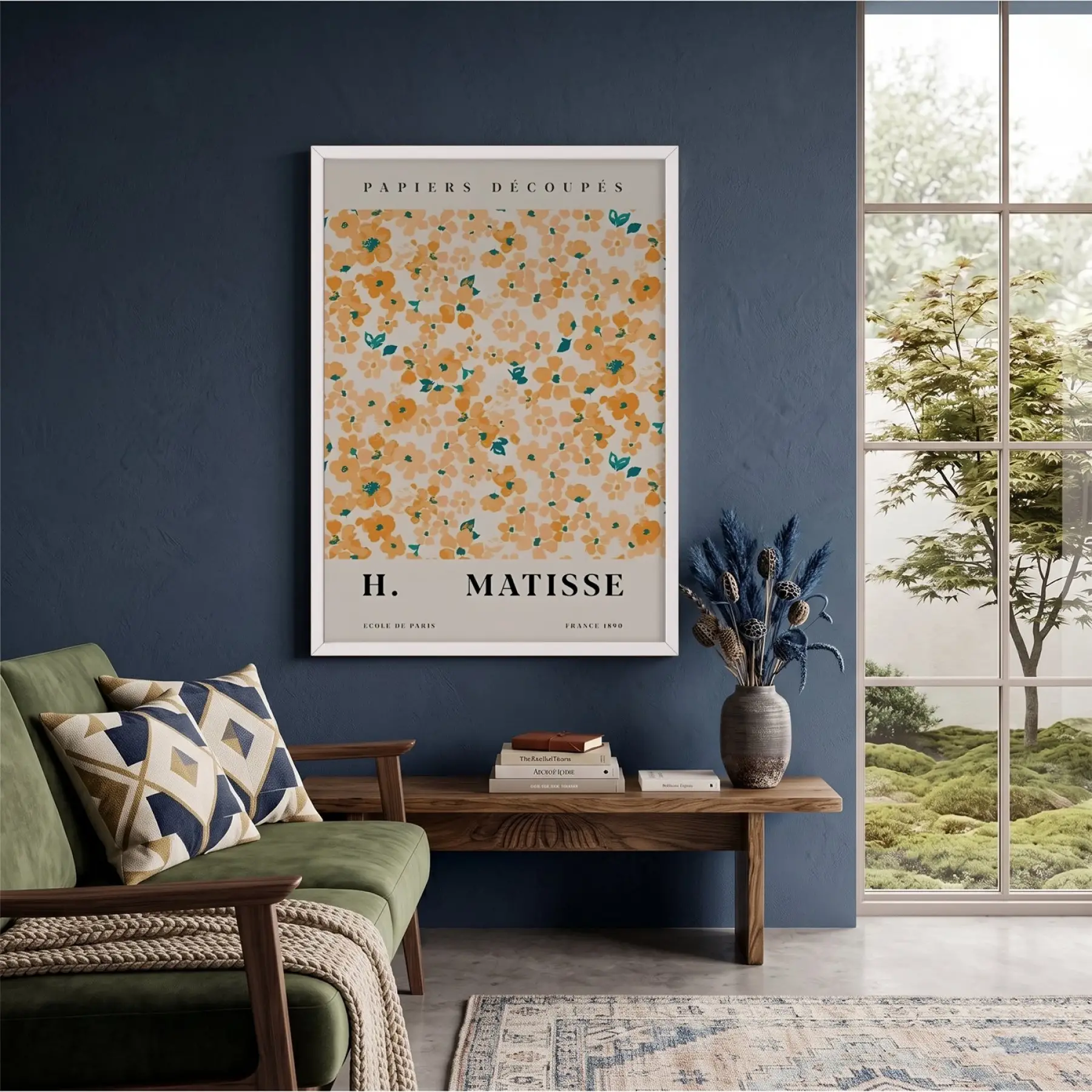 Matisse Turuncu Çiçek Düzeni Beyaz Ahşap Çerçeveli Tablo Bohem Odası Duvar Dekoru Poster