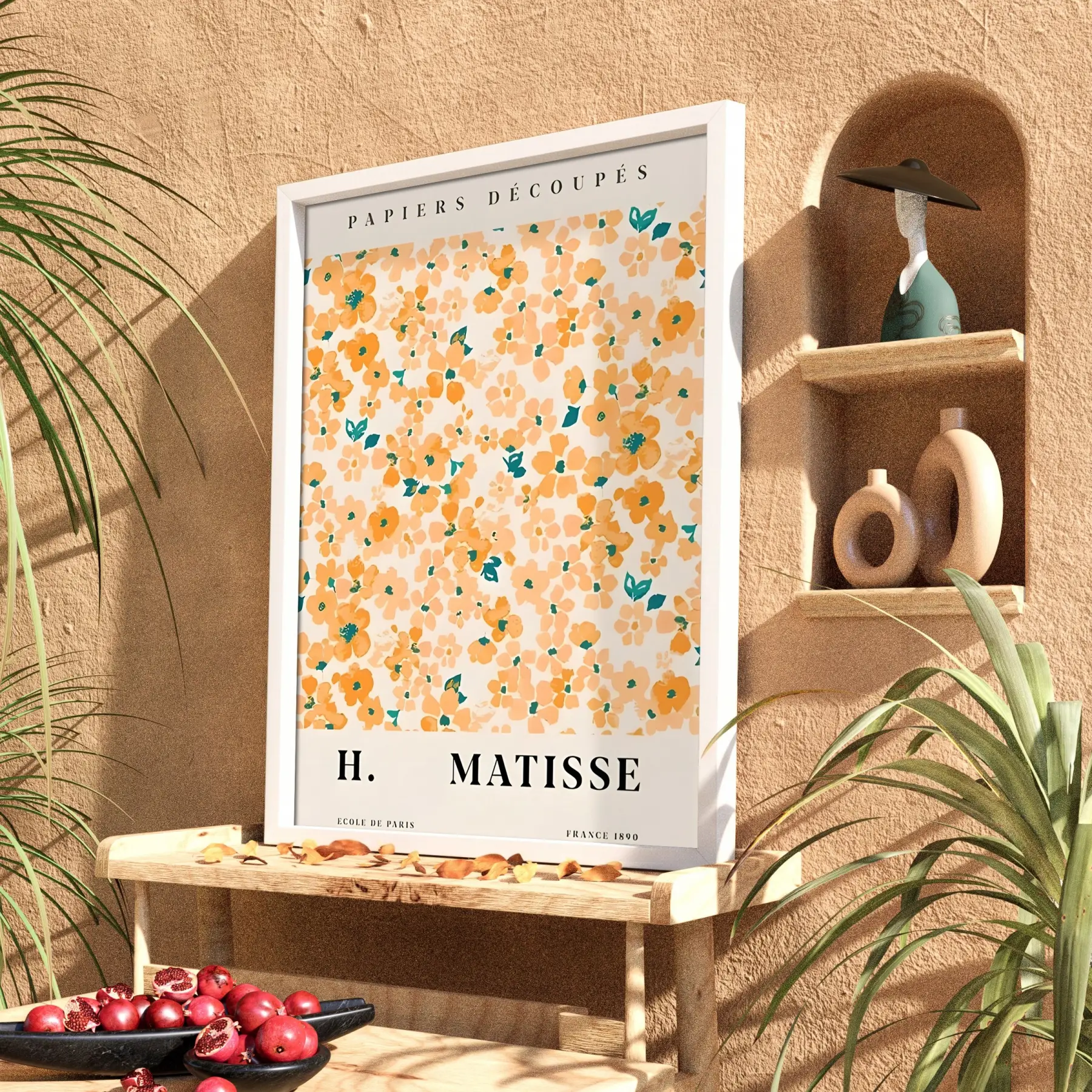 Matisse Turuncu Çiçek Düzeni Beyaz Ahşap Çerçeveli Tablo Bohem Odası Duvar Dekoru Poster