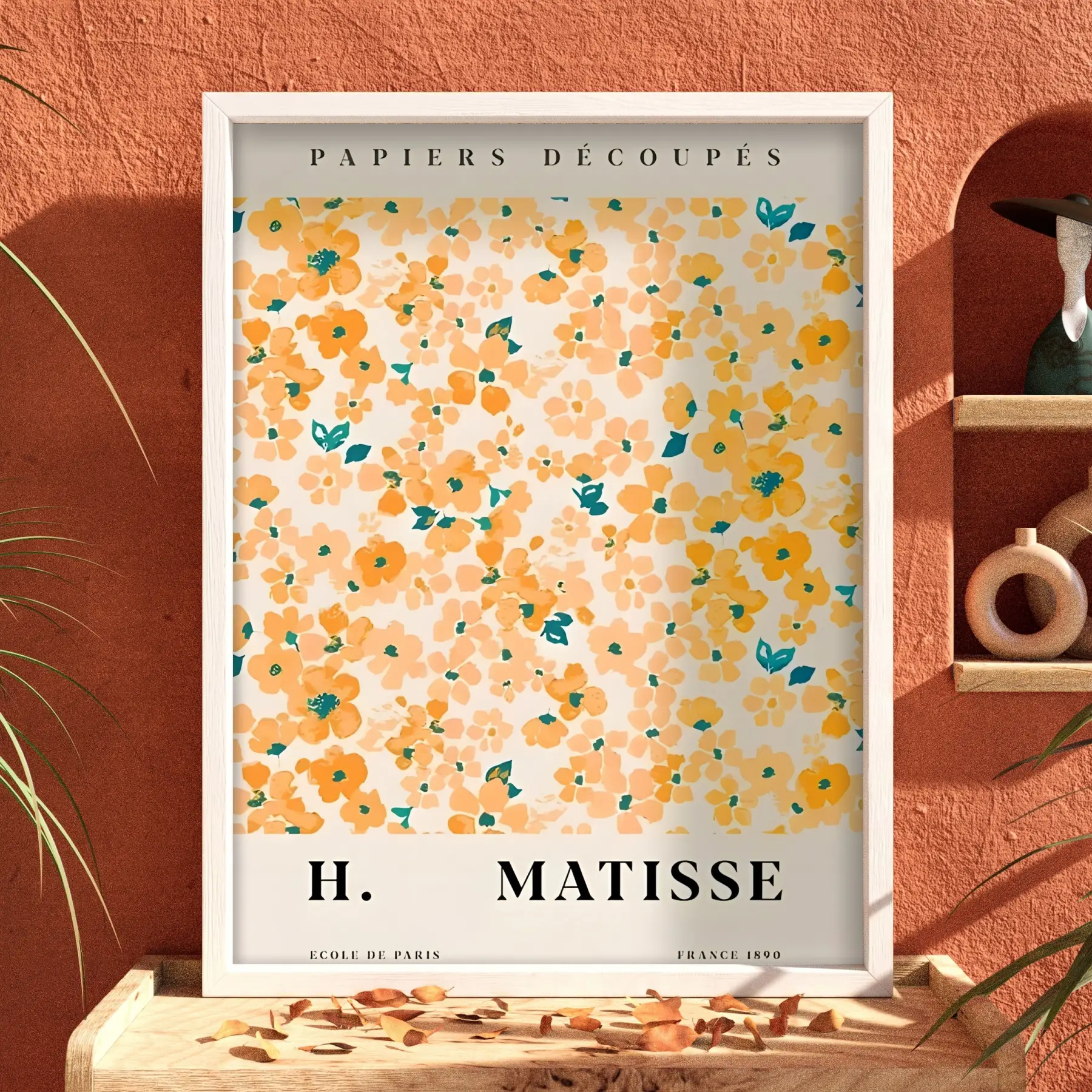 Matisse Turuncu Çiçek Düzeni Beyaz Ahşap Çerçeveli Tablo Bohem Odası Duvar Dekoru Poster