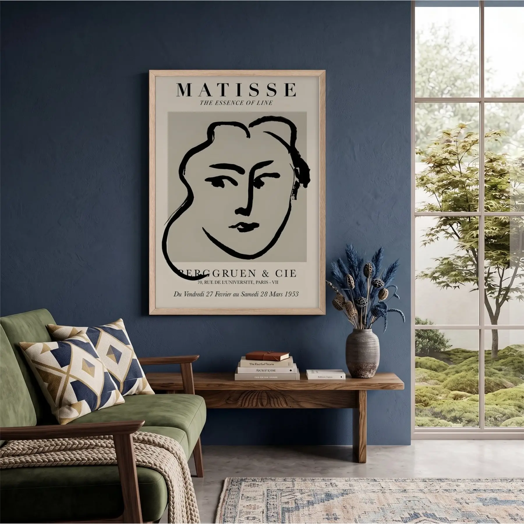 Matisse Çizgi Sanatı Doğal Ahşap Çerçeveli Tablo İç Mekan Yatak Koridor Ofis Kanvas