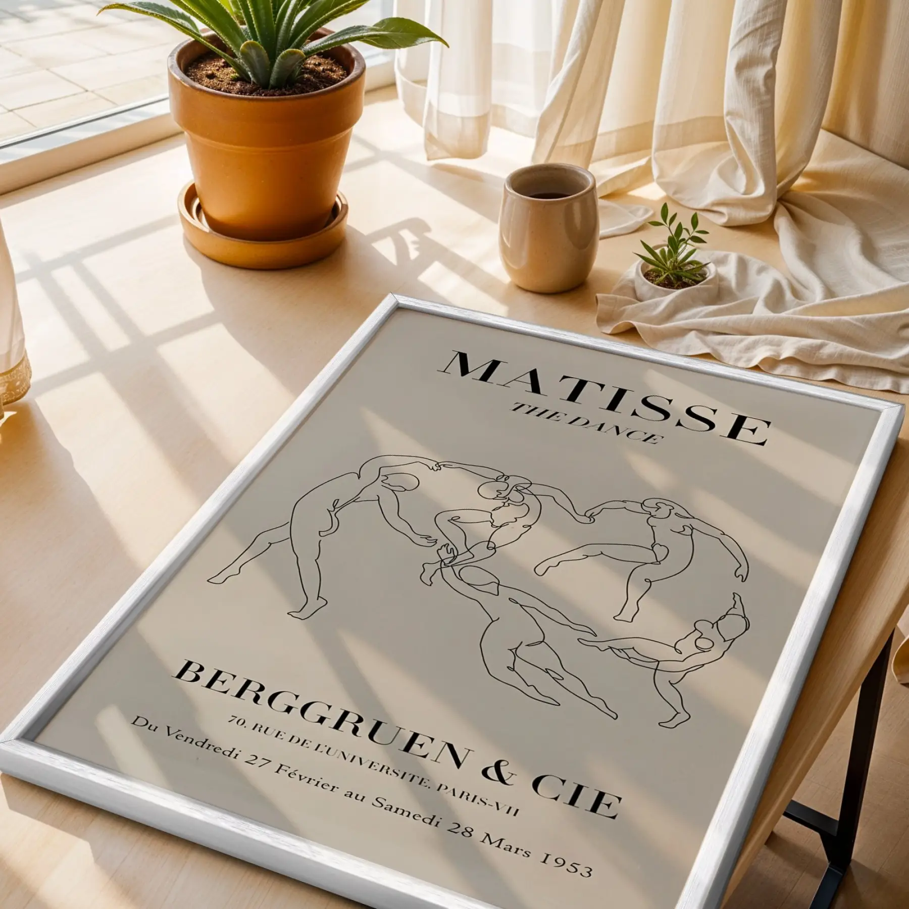 Matisse Dans Çizgi Sanatı Beyaz Ahşap Çerçeveli Tablo Salon Oturma Odası Duvar Dekoru