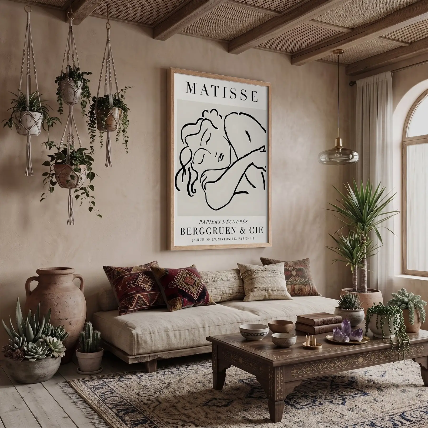 Minimalist Matisse Figür Çizimi Doğal Ahşap Çerçeveli Tablo Odası Duvar Dekoru Poster Obje