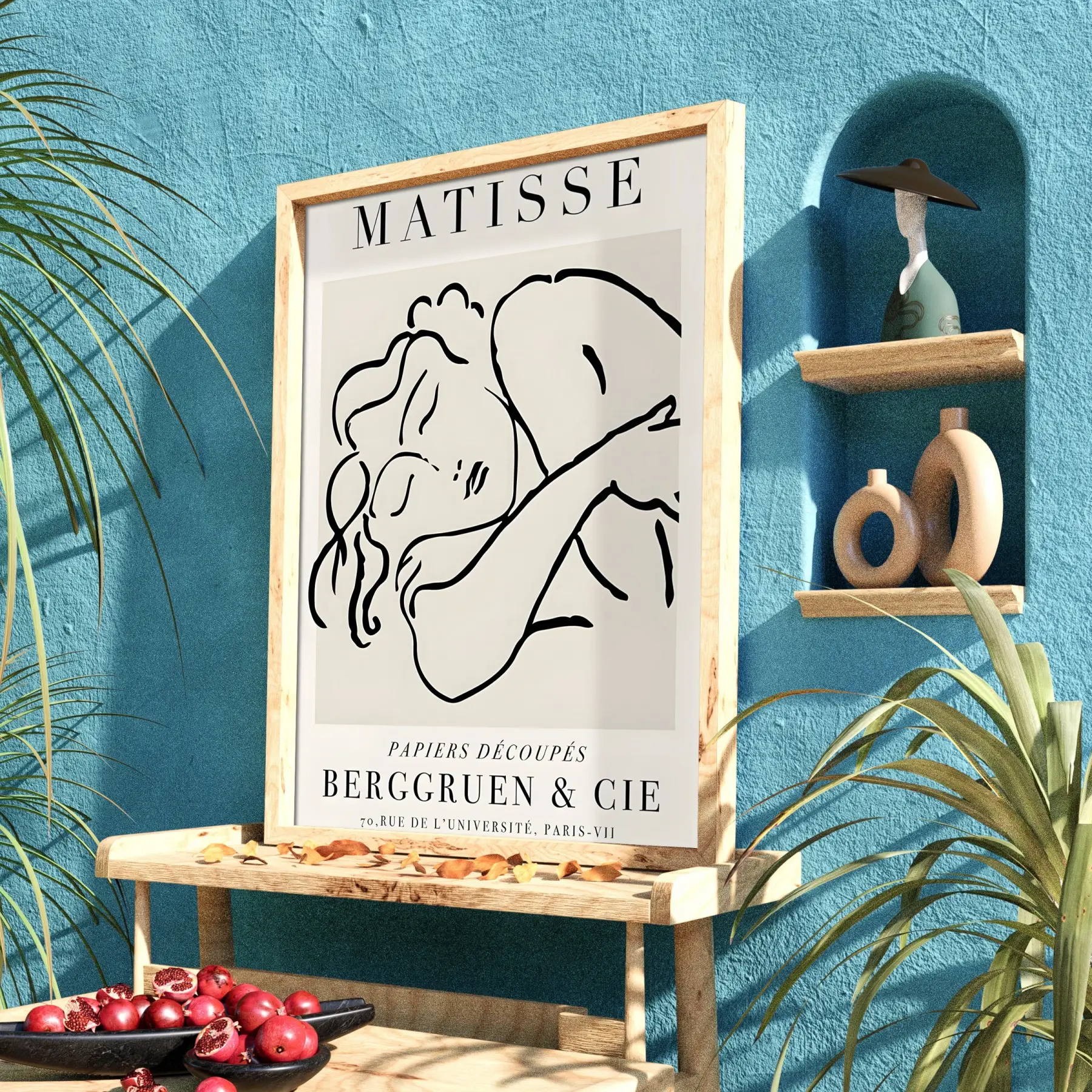 Minimalist Matisse Figür Çizimi Doğal Ahşap Çerçeveli Tablo Odası Duvar Dekoru Poster Obje