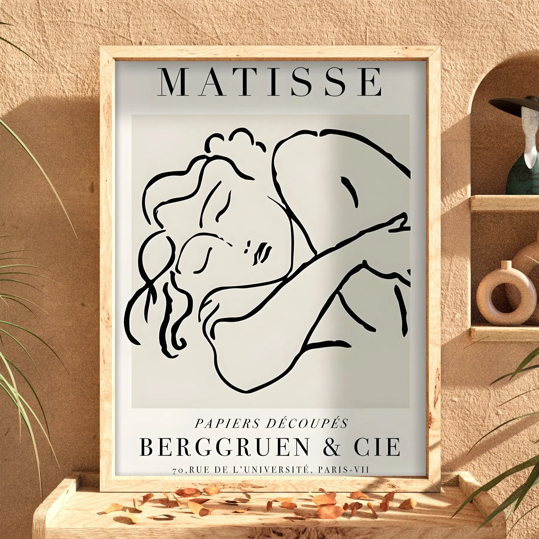 Minimalist Matisse Figür Çizimi Doğal Ahşap Çerçeveli Tablo Odası Duvar Dekoru Poster Obje
