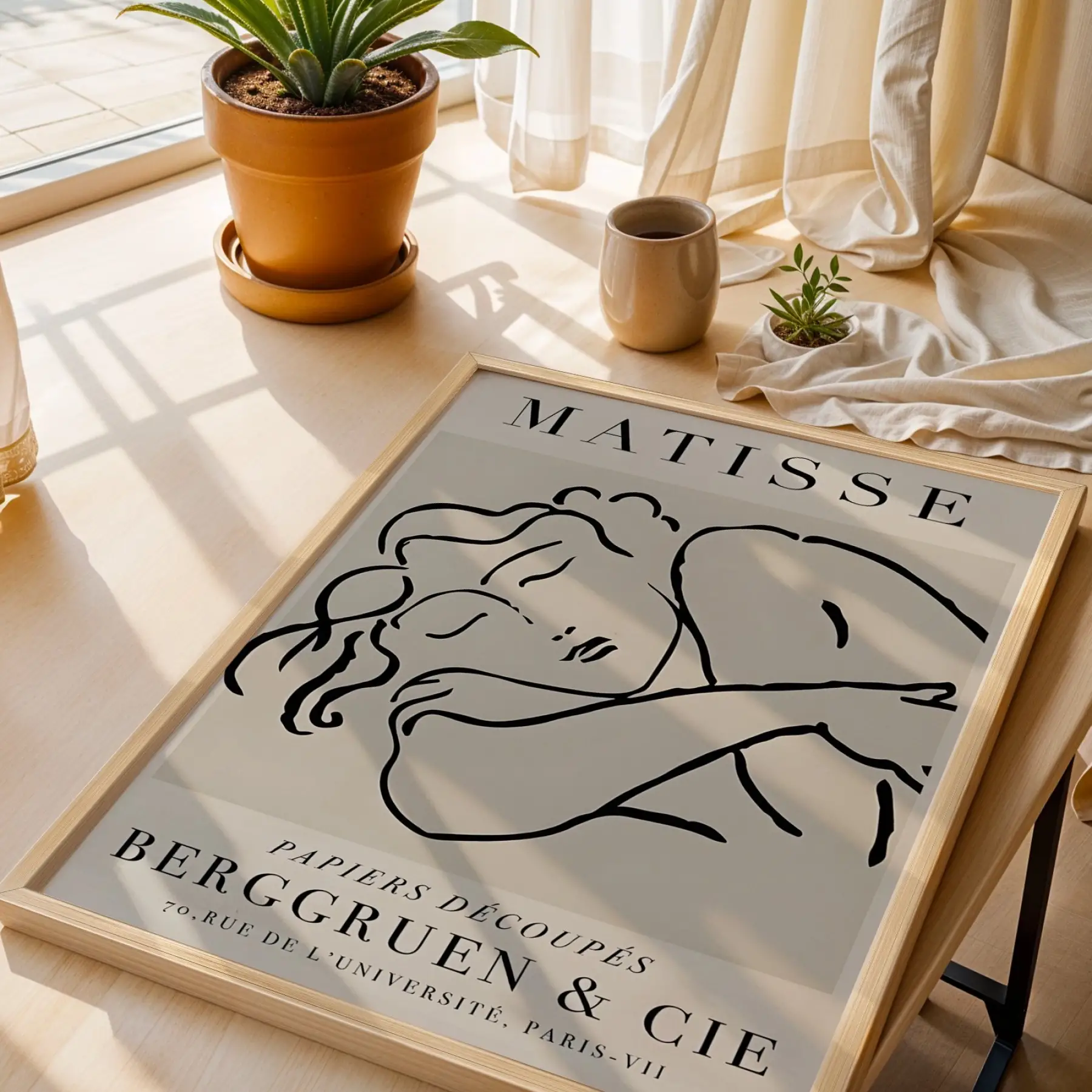 Minimalist Matisse Figür Çizimi Doğal Ahşap Çerçeveli Tablo Odası Duvar Dekoru Poster Obje