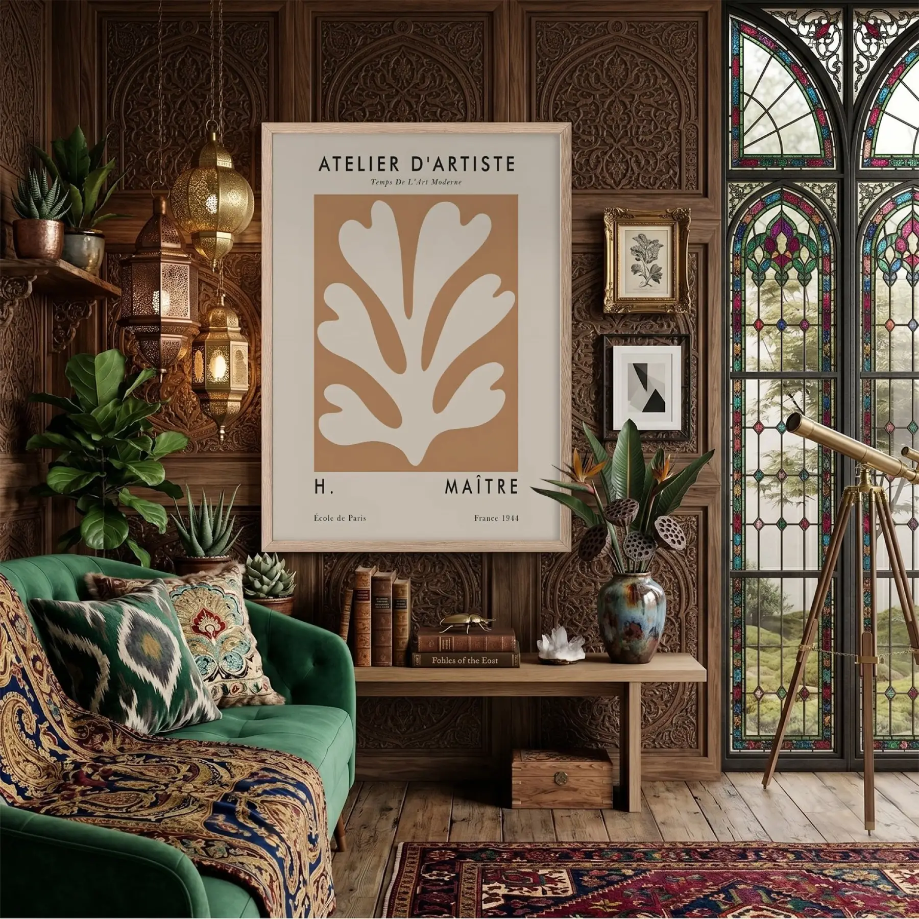 Bej Soyut Yaprak Sanat Doğal Ahşap Çerçeveli Tablo Oturma Odası Duvar Dekoru Poster