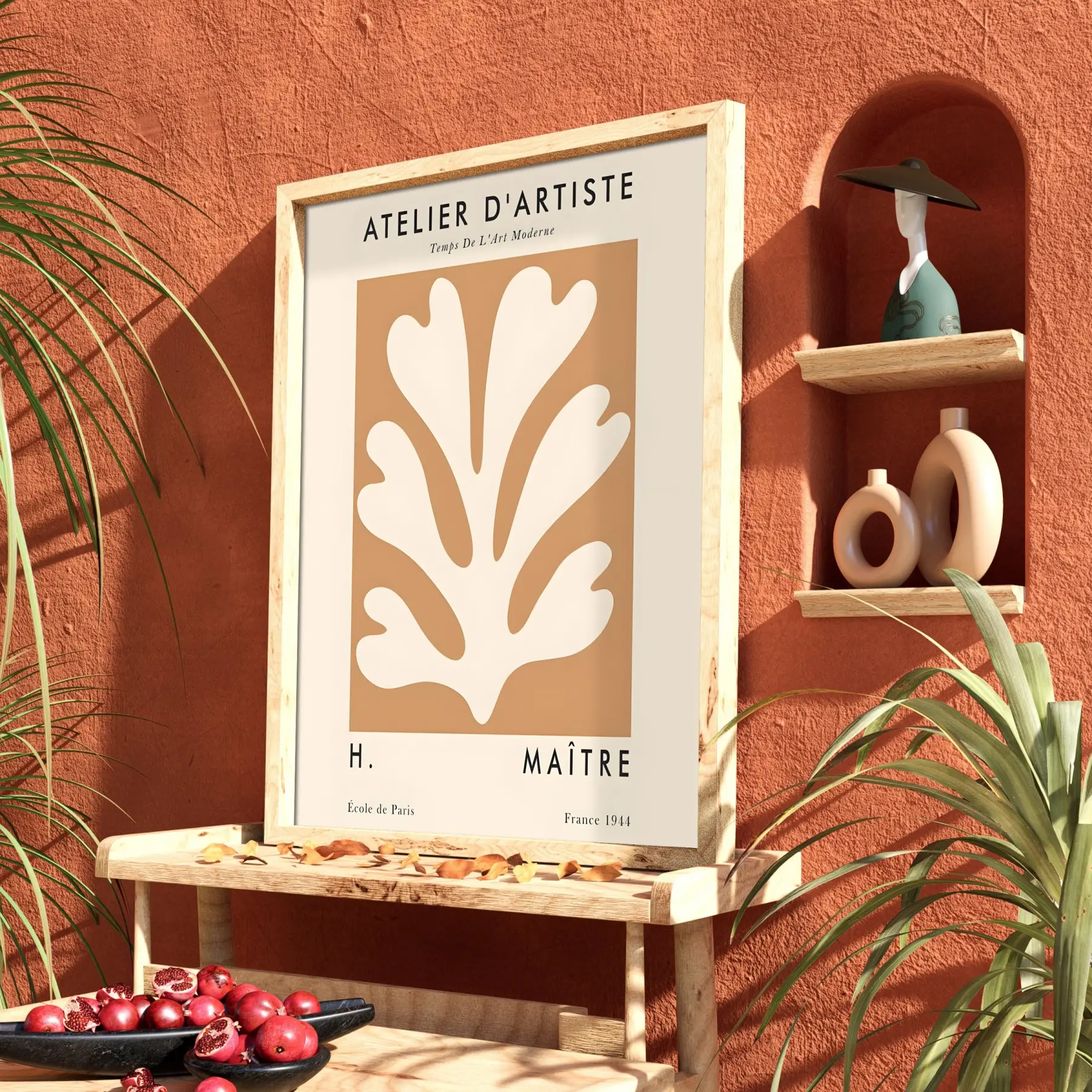 Bej Soyut Yaprak Sanat Doğal Ahşap Çerçeveli Tablo Oturma Odası Duvar Dekoru Poster