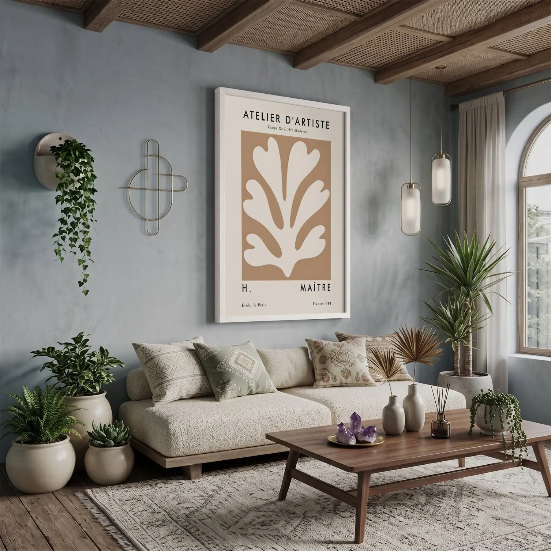 Bej Soyut Yaprak Sanat Beyaz Ahşap Çerçeveli Tablo Dekoratif Obje Ev Aksesuarları Modern