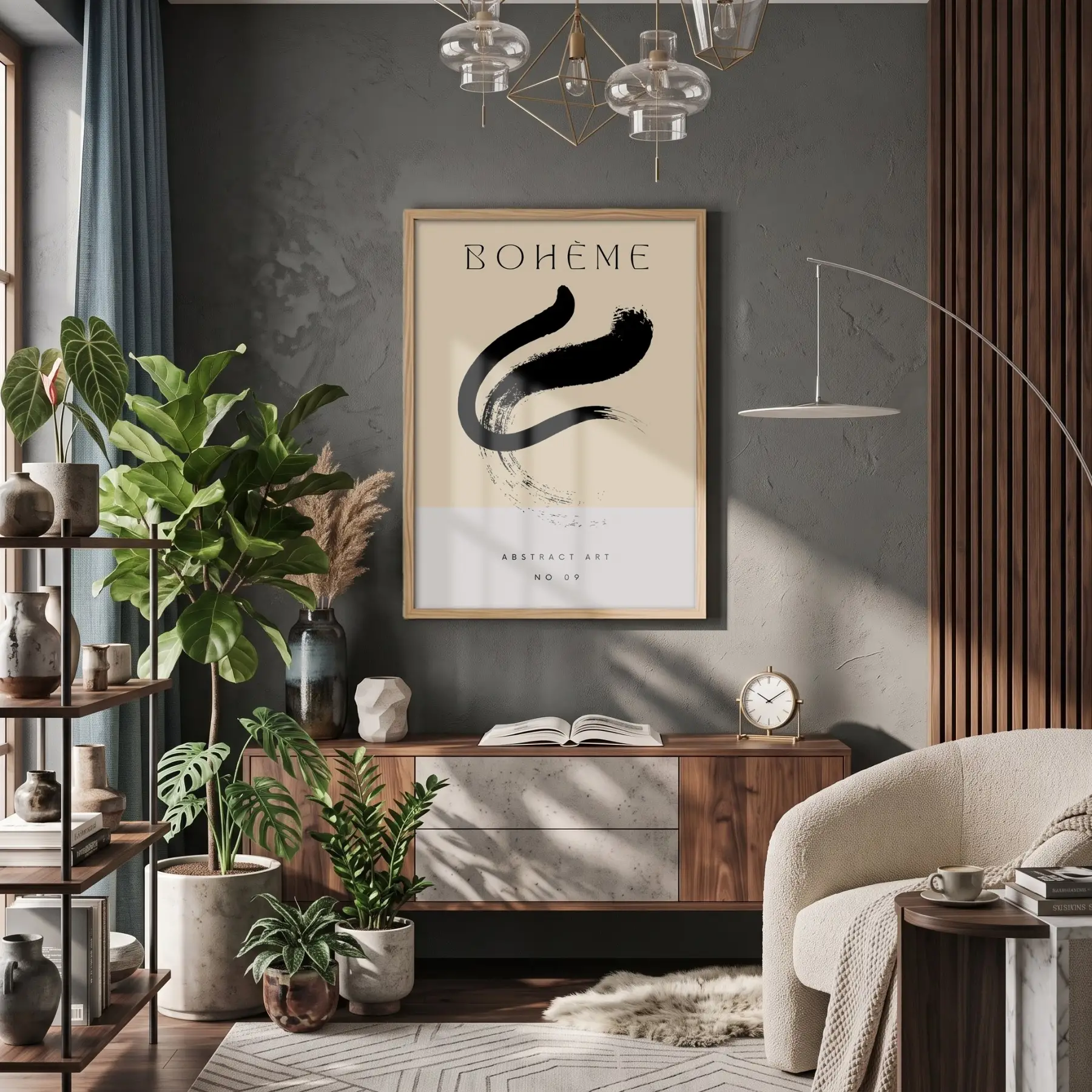 Bohem Akışkan Soyut Tablo Doğal Ahşap Çerçeveli Odası Duvar Dekoru Poster Obje Ev