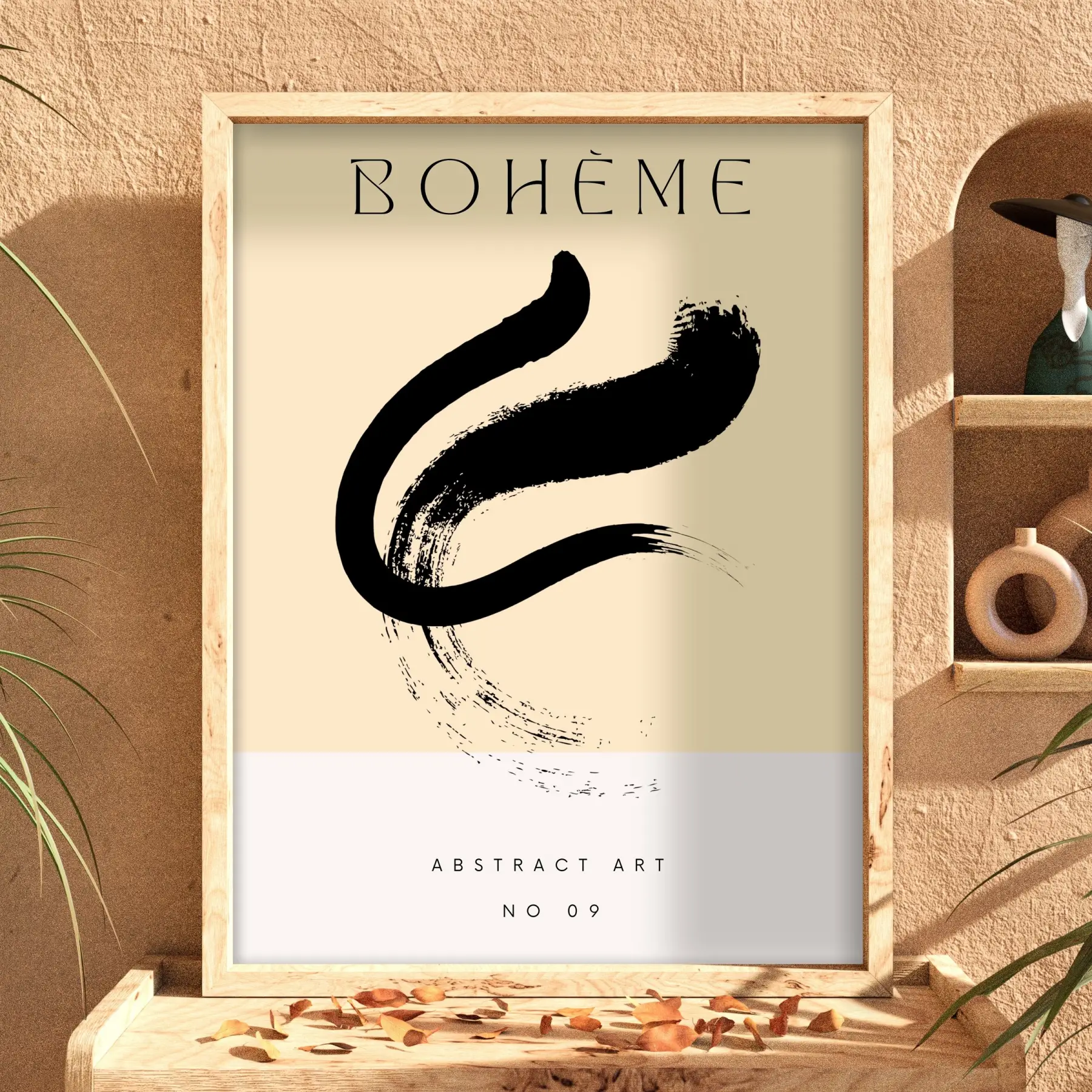 Bohem Akışkan Soyut Tablo Doğal Ahşap Çerçeveli Odası Duvar Dekoru Poster Obje Ev