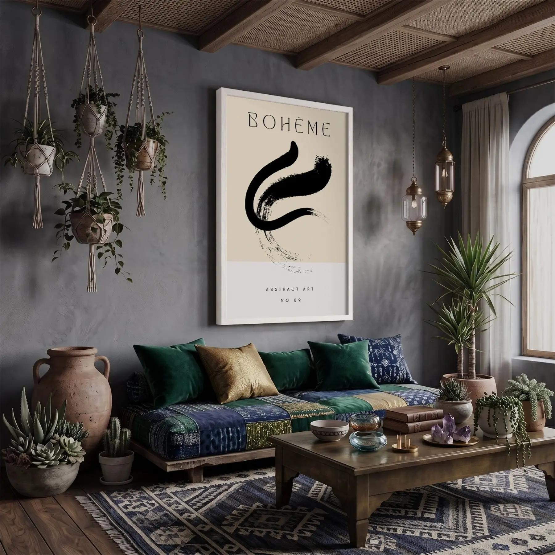 Bohem Akışkan Soyut Tablo Beyaz Ahşap Çerçeveli Dekoratif Obje Ev Aksesuarları Modern Sanat